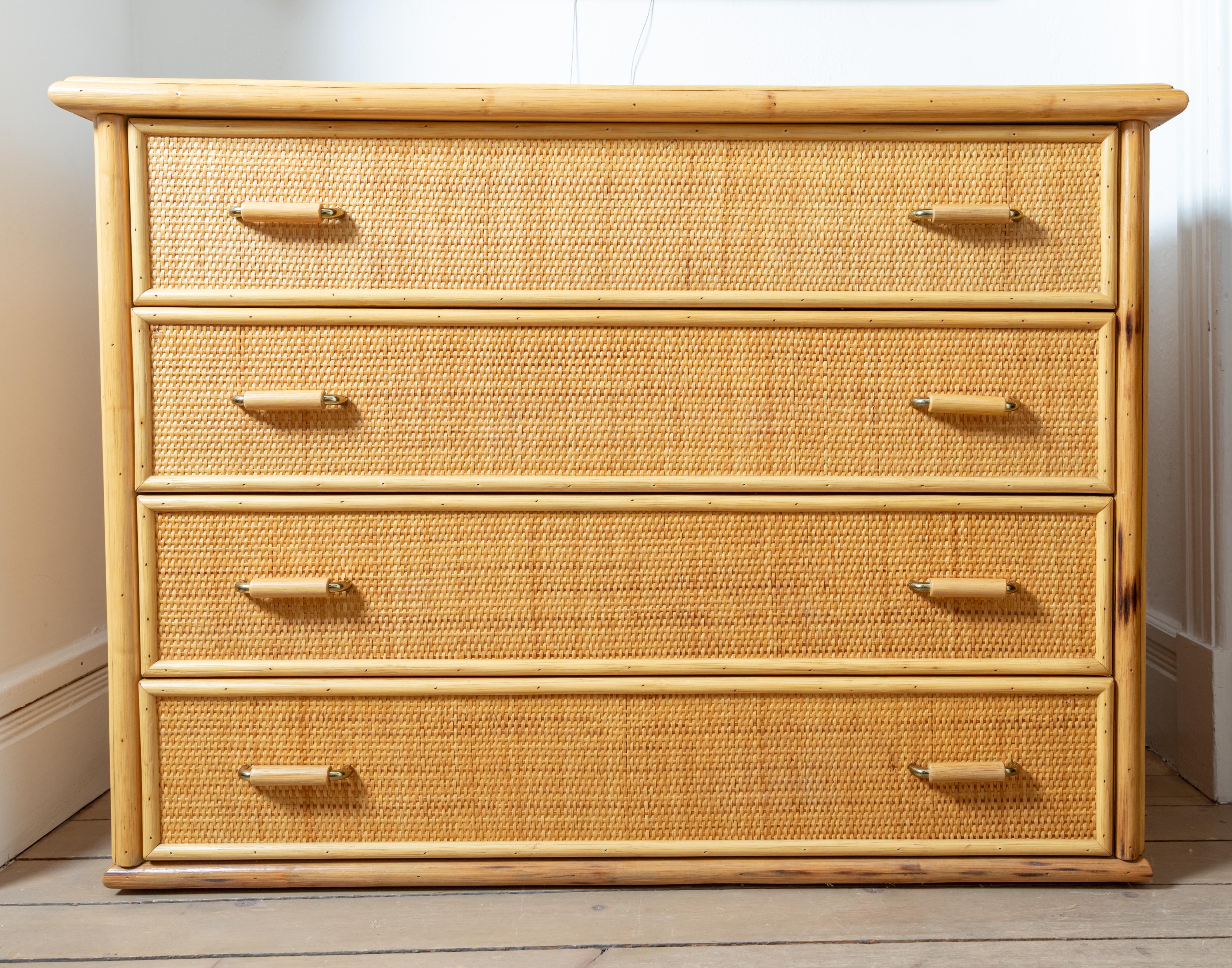 Mid-Century Modern Bamboo Woven Wicker Four-Drawer Chest with Bamboo and Brass Handles