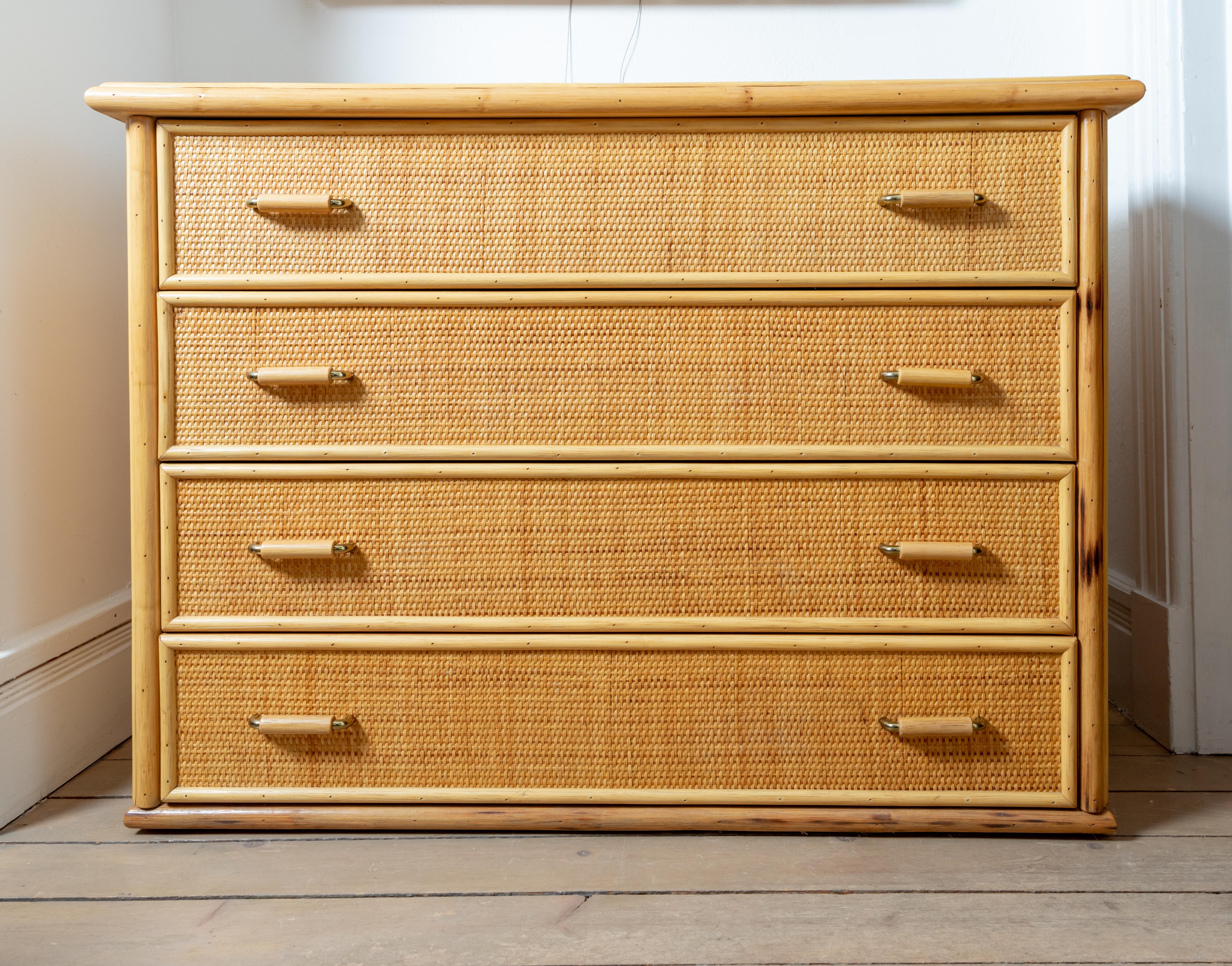 Italian Bamboo Woven Wicker Four-Drawer Chest with Bamboo and Brass Handles