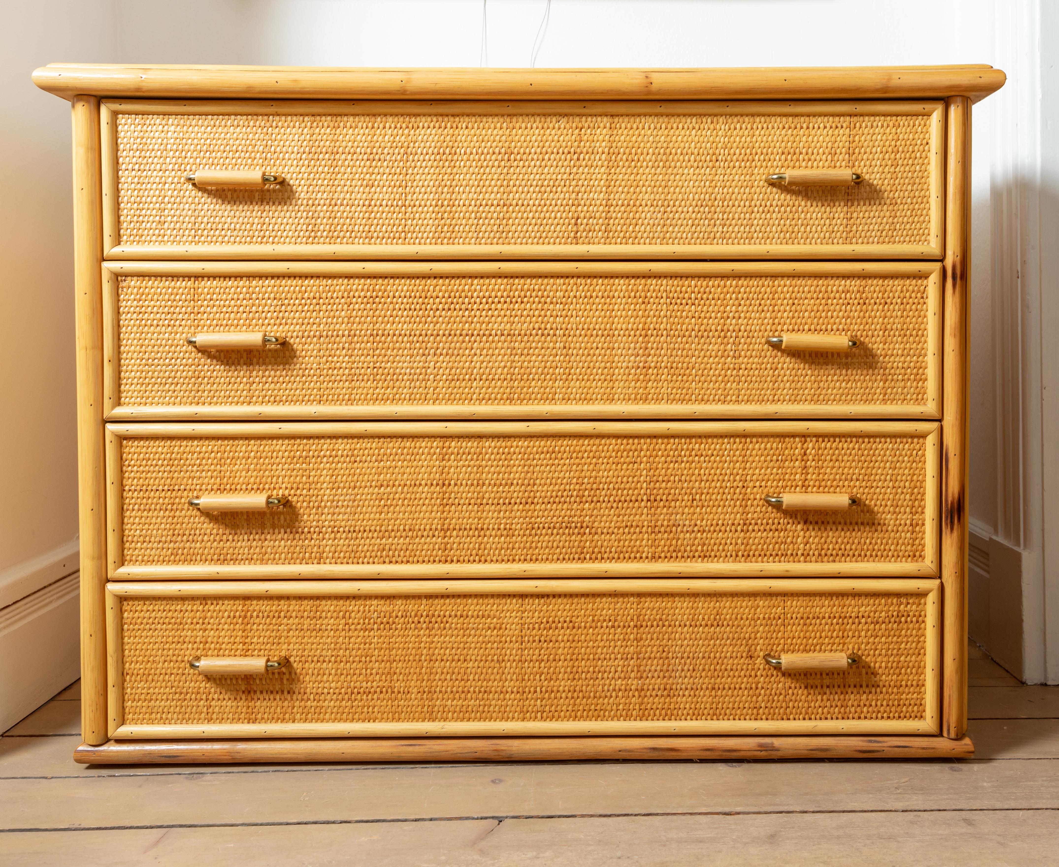 Hand-Woven Bamboo Woven Wicker Four-Drawer Chest with Bamboo and Brass Handles