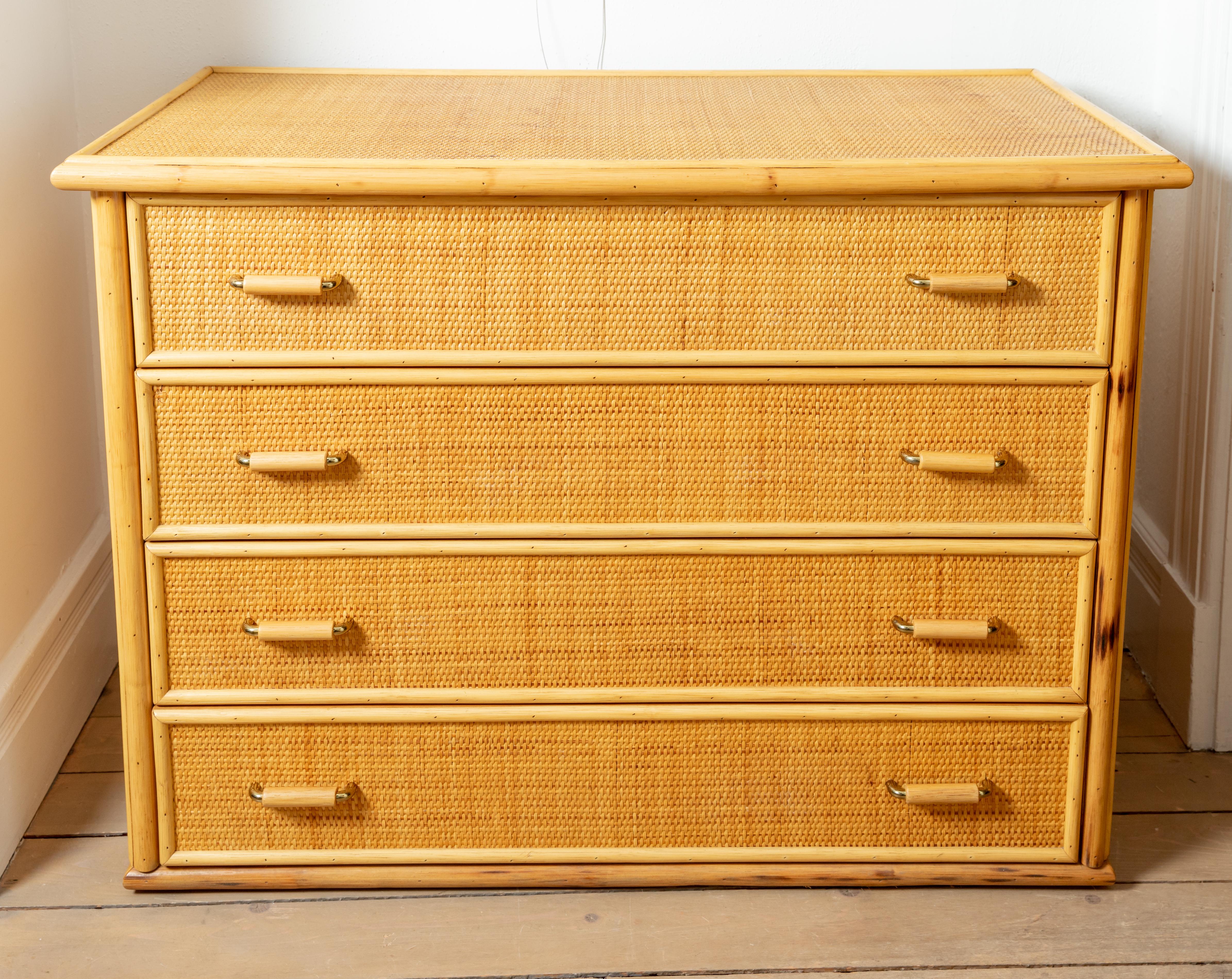 Bamboo Woven Wicker Four-Drawer Chest with Bamboo and Brass Handles In Good Condition In Bridgehampton, NY