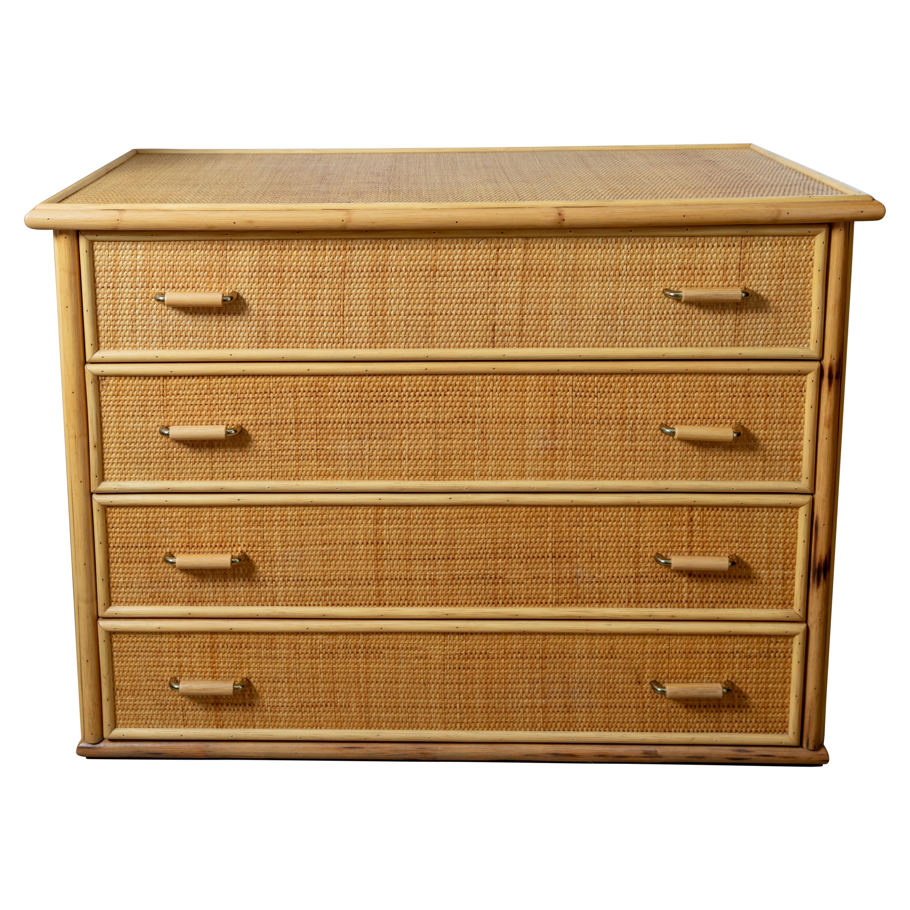 Bamboo Woven Wicker Four-Drawer Chest with Bamboo and Brass Handles