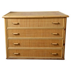 Vintage Bamboo Woven Wicker Four-Drawer Chest with Bamboo and Brass Handles