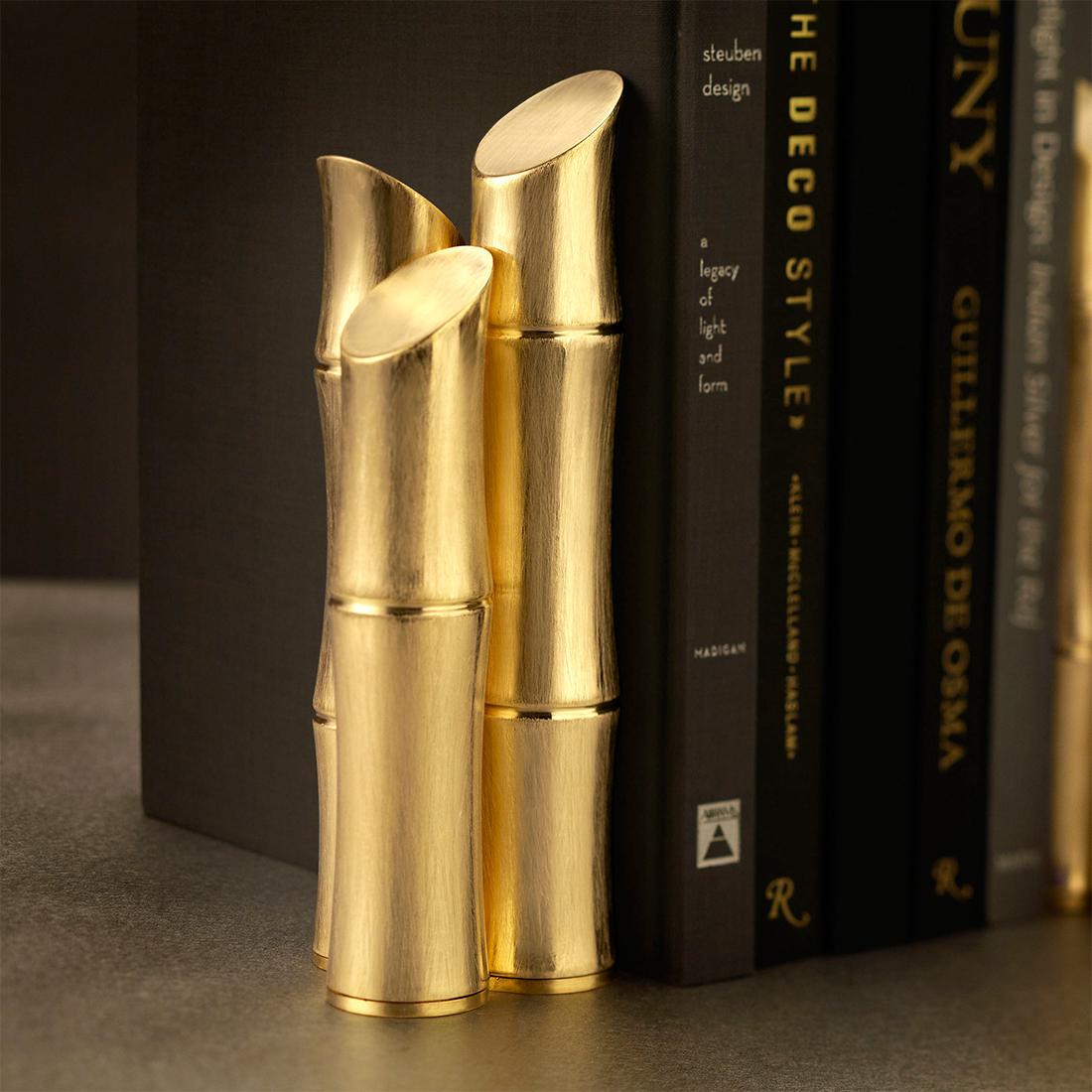 Hand-Crafted Bamboos Gold Set of 2 Bookends For Sale