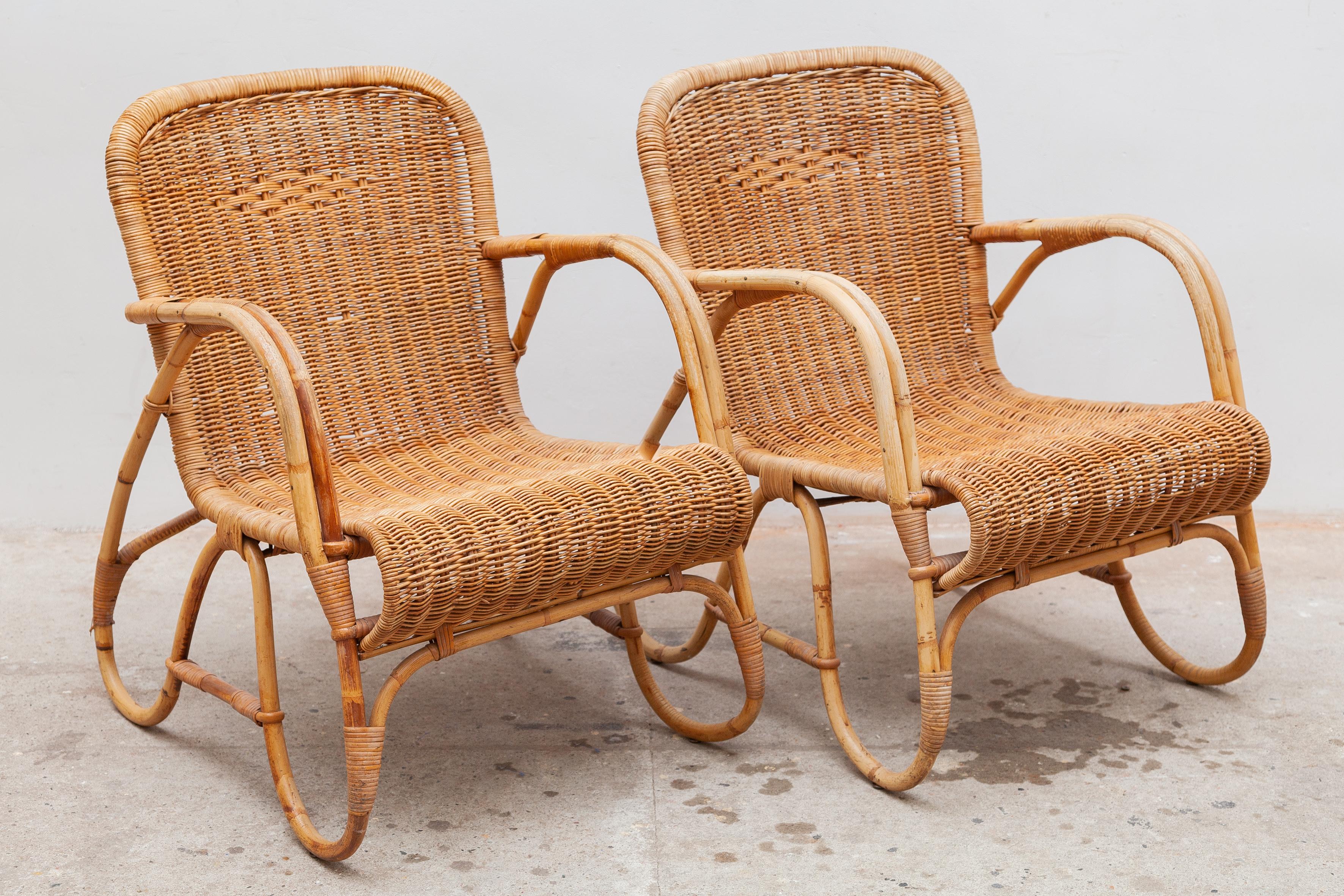 Mid-Century Modern Bamboo, Woven Rattan Lounge Chairs, 1960s Designed by Dirk van Sliedrecht