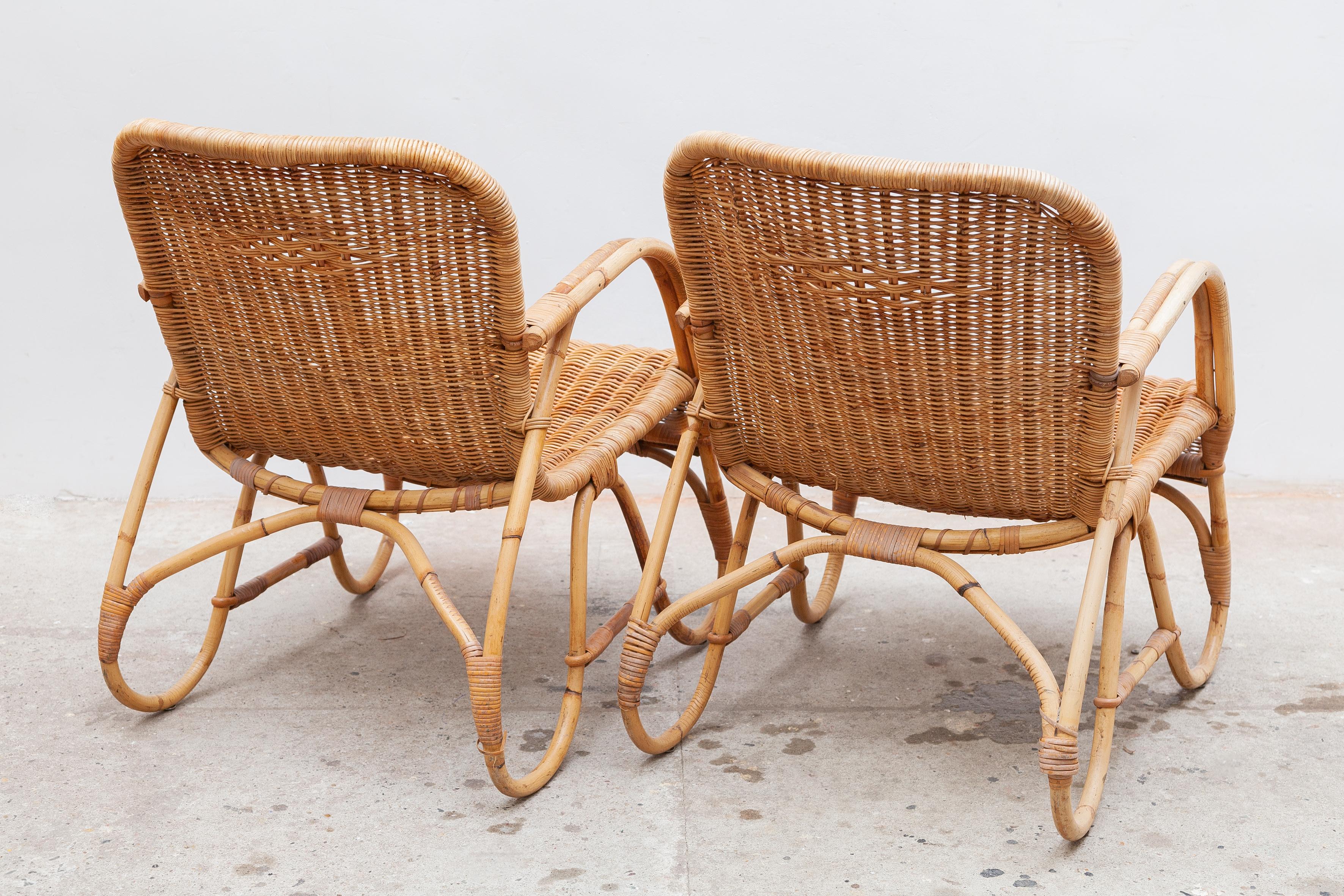 Hand-Crafted Bamboo, Woven Rattan Lounge Chairs, 1960s Designed by Dirk van Sliedrecht