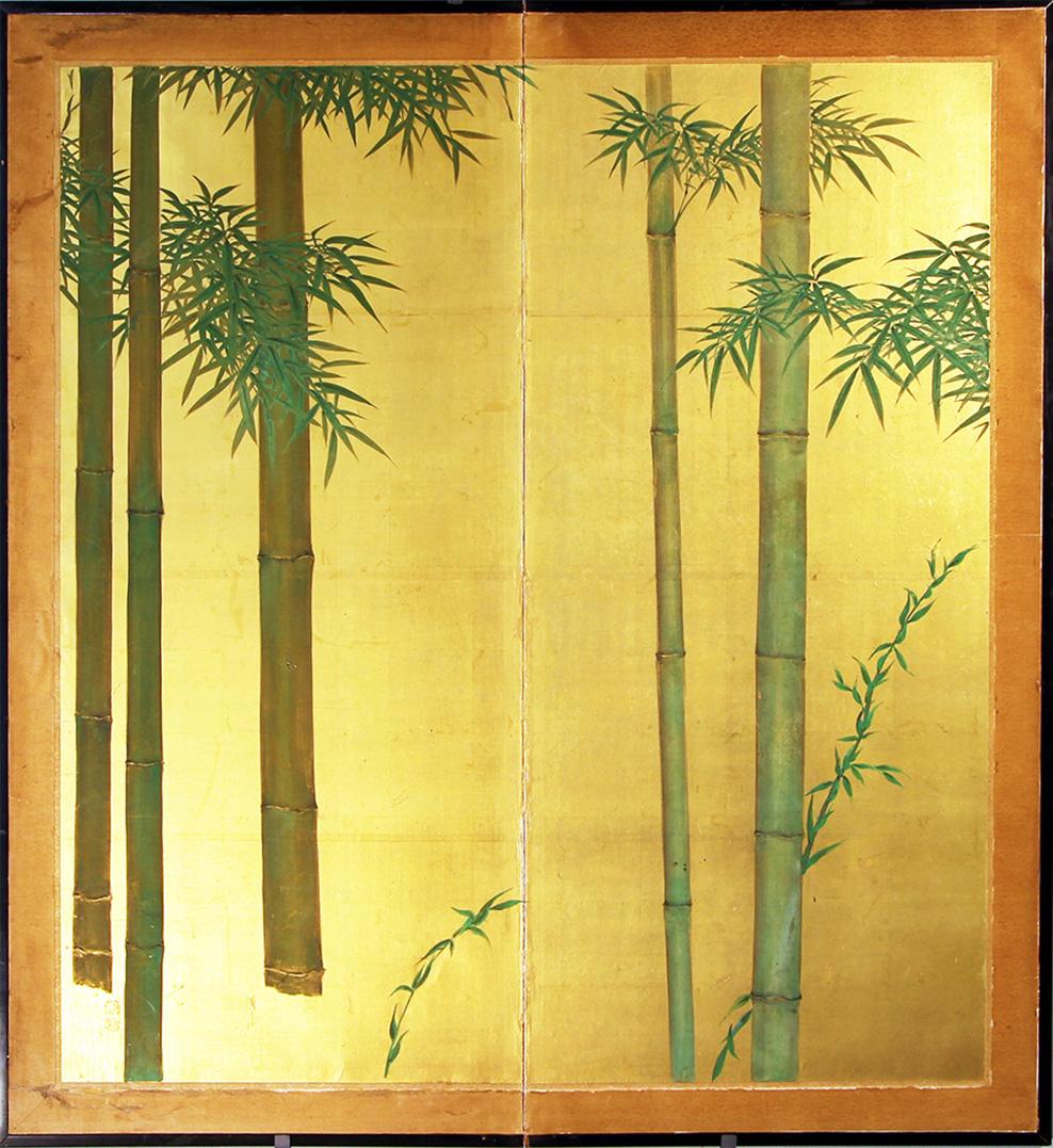 Japanese Bambù su foglia d'oro - Paravento Giapponese a due pannelli del XX° secolo.