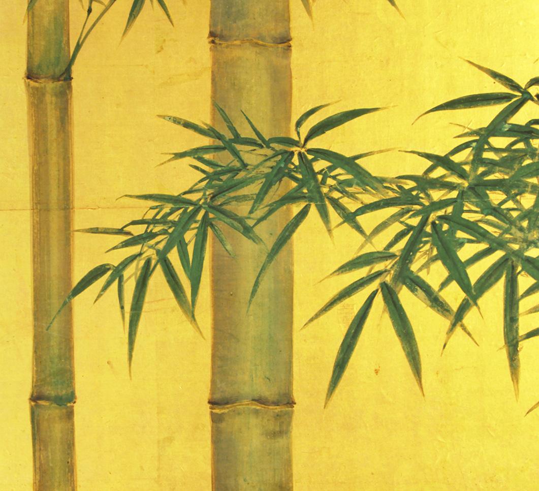 Hand-Painted Bambù su foglia d'oro - Paravento Giapponese a due pannelli del XX° secolo.
