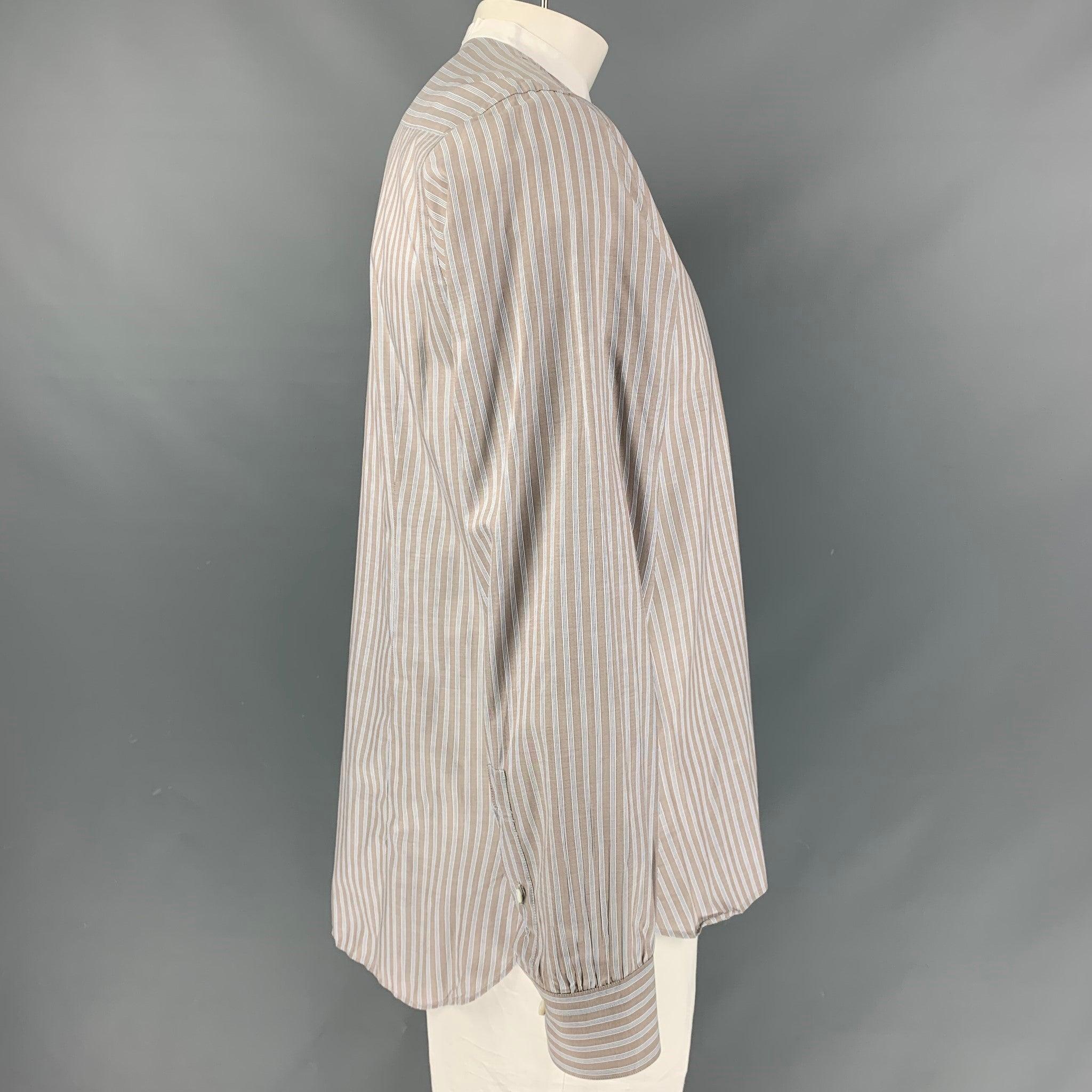 BAMFORD & SONS long sleeve shirt comes in taupe and white stripped cotton featuring nehru collar, button down closure, and two buttons angle cuffs. Made in Italy.Excellent Pre-Owned Condition. 
 

 Marked:  L 
 

 Measurements: 
  
 Shoulder: 17.5