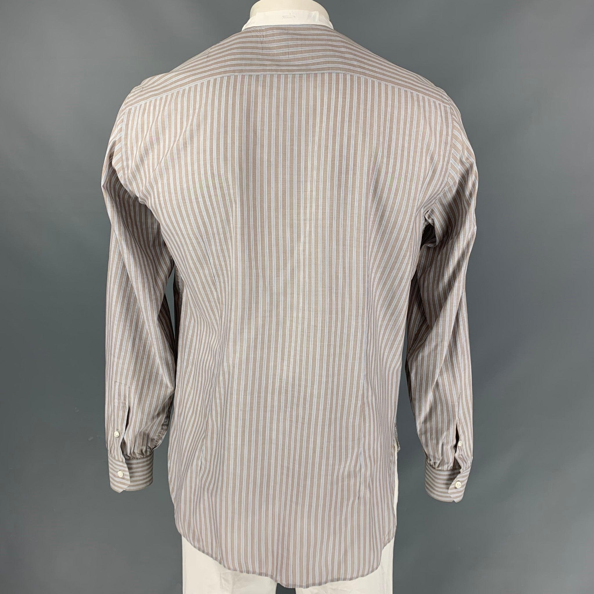 Gray BAMFORD & SONS Size L Taupe & White Stripe Cotton Nehru Collar Long Sleeve Shirt
