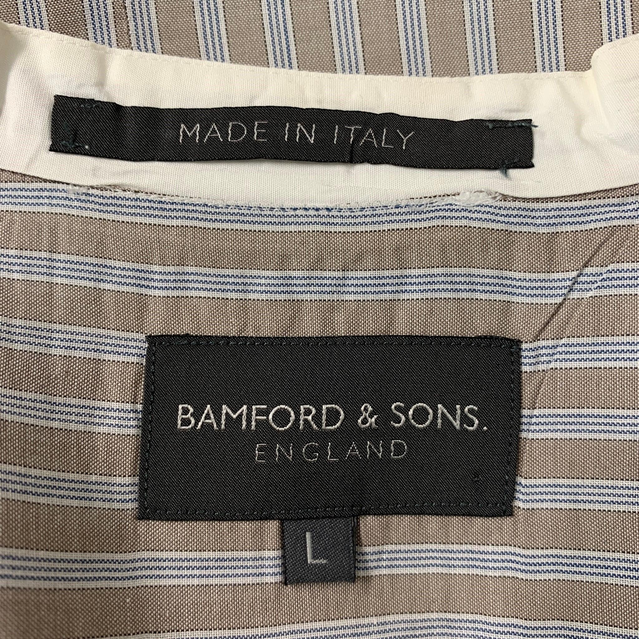 BAMFORD & SONS Size L Taupe & White Stripe Cotton Nehru Collar Long Sleeve Shirt In Excellent Condition In San Francisco, CA