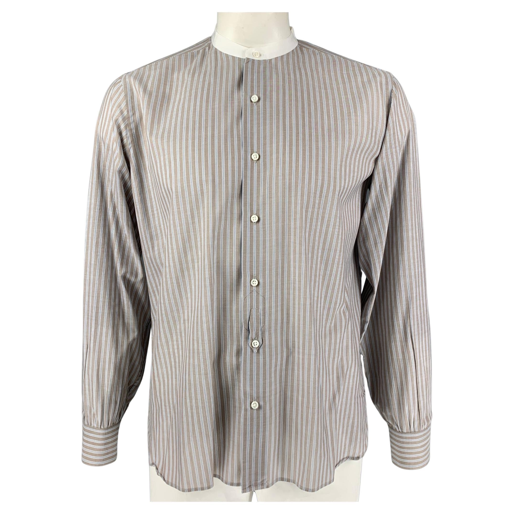 BAMFORD & SONS Size L Taupe & White Stripe Cotton Nehru Collar Long Sleeve Shirt