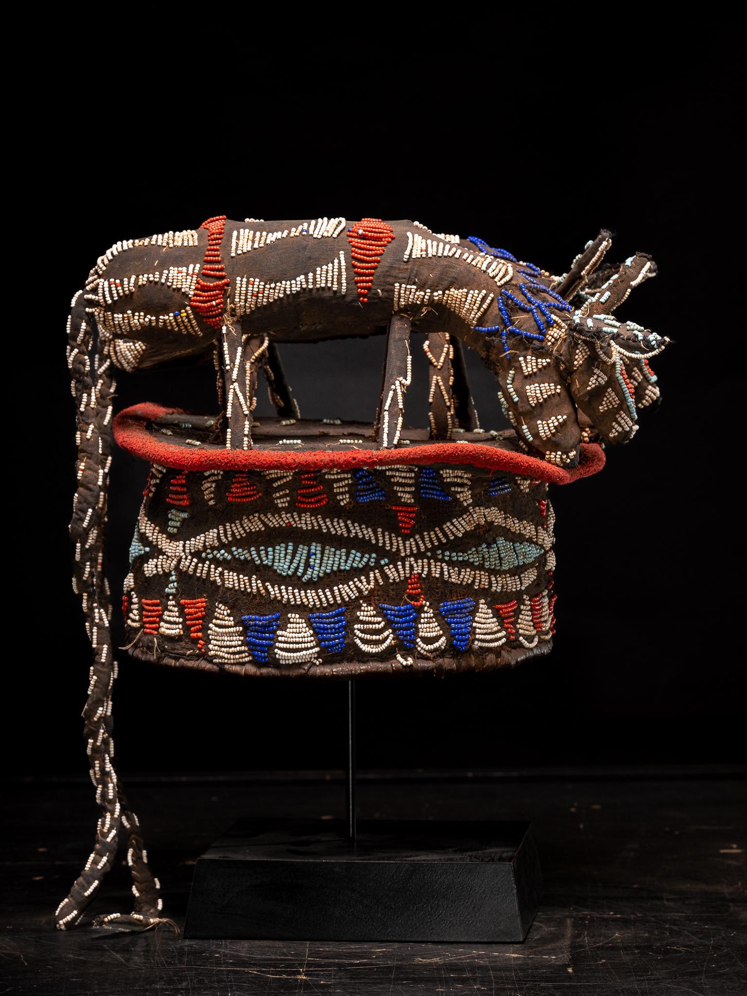 20th Century Bamileke Decorative Dance Crest, embroidered with European Glass Beads For Sale