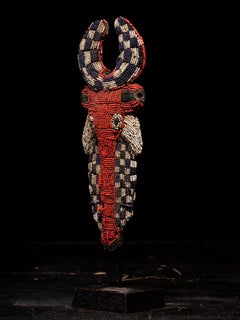 Bamileke Decorative Wooden Flute or Whistle embroidered with European Glass Bead