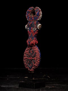 Bamileke Decorative Wooden Flute or Whistle embroidered with European Glass Bead