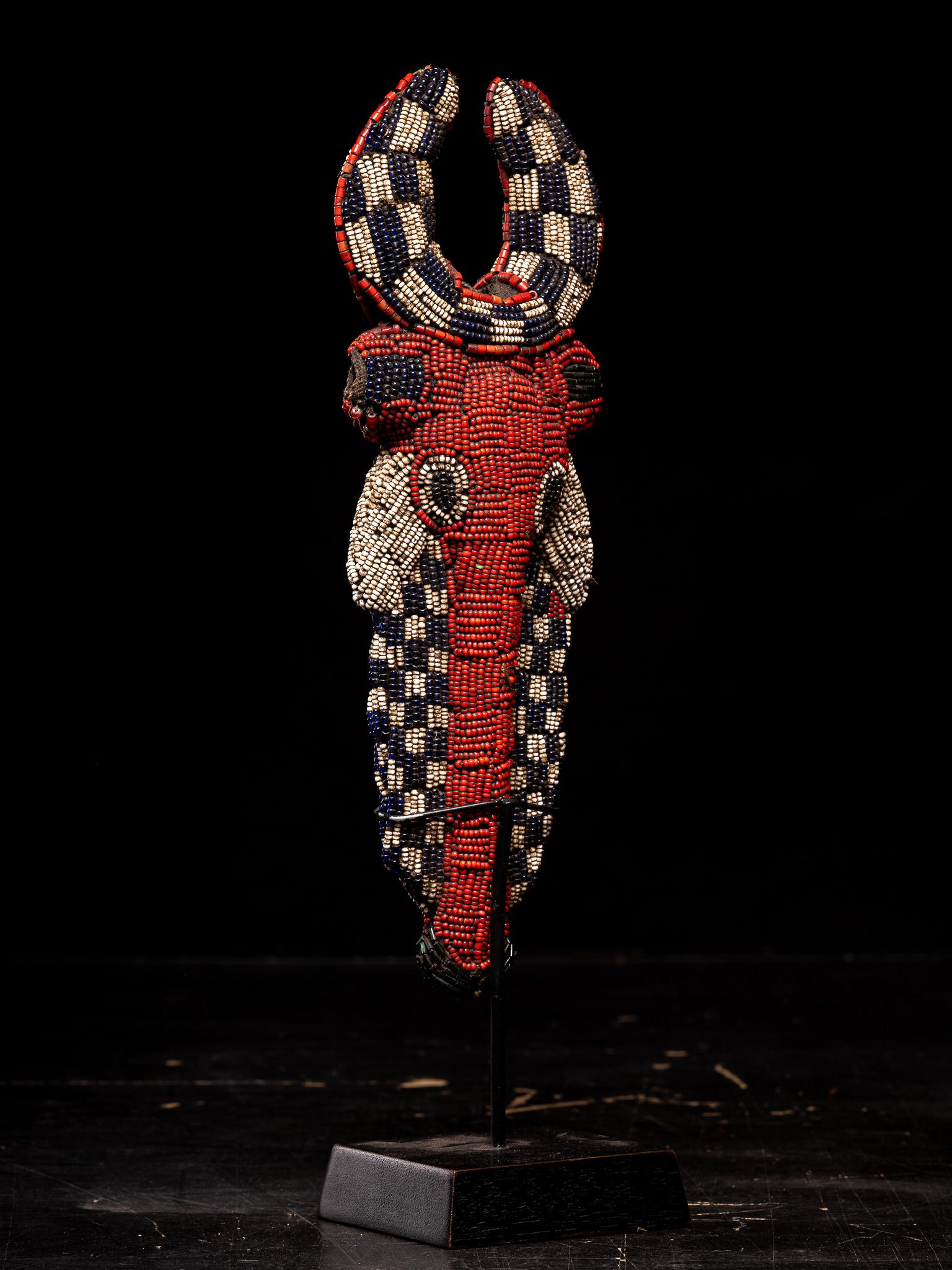 Cameroonian Bamileke Decorative Wooden Flute or Whistle embroidered with European Glass Bead For Sale