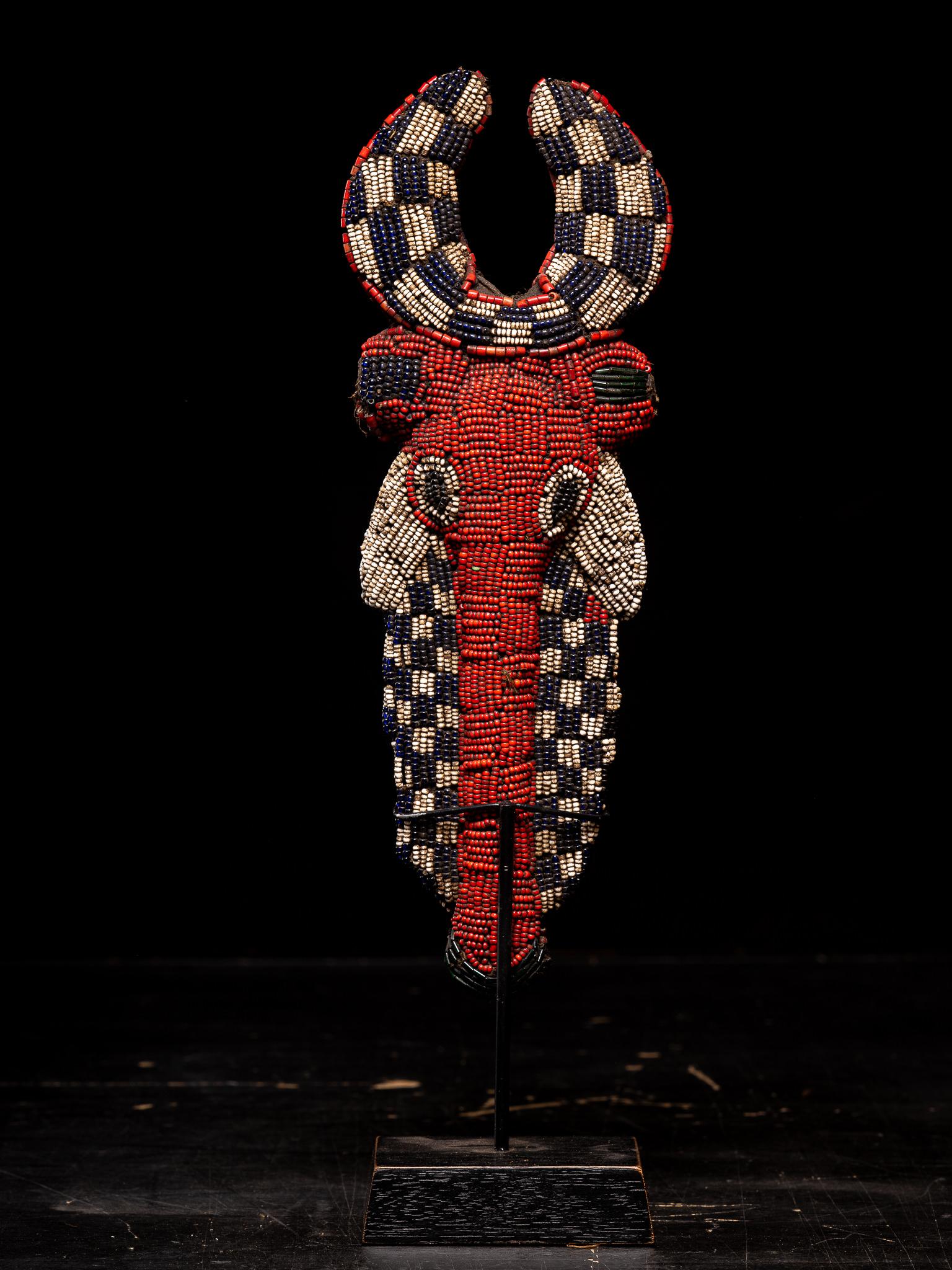 Beaded Bamileke Decorative Wooden Flute or Whistle embroidered with European Glass Bead For Sale