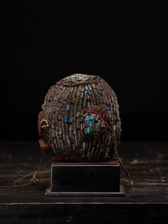 Bamileke Old Anthropomorphic Trophy Head Embroidered with European Glass Beads