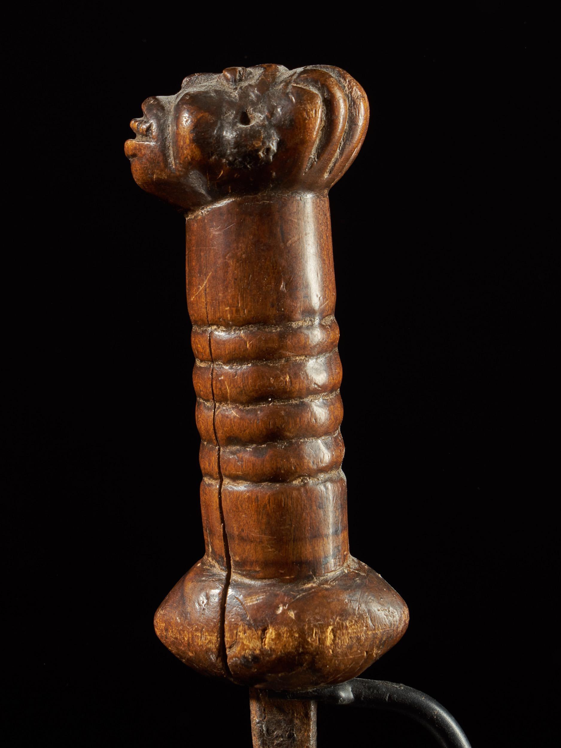 Hand-Crafted Bamileke People, Cameroon, Forged Knife with Carved Wooden Head