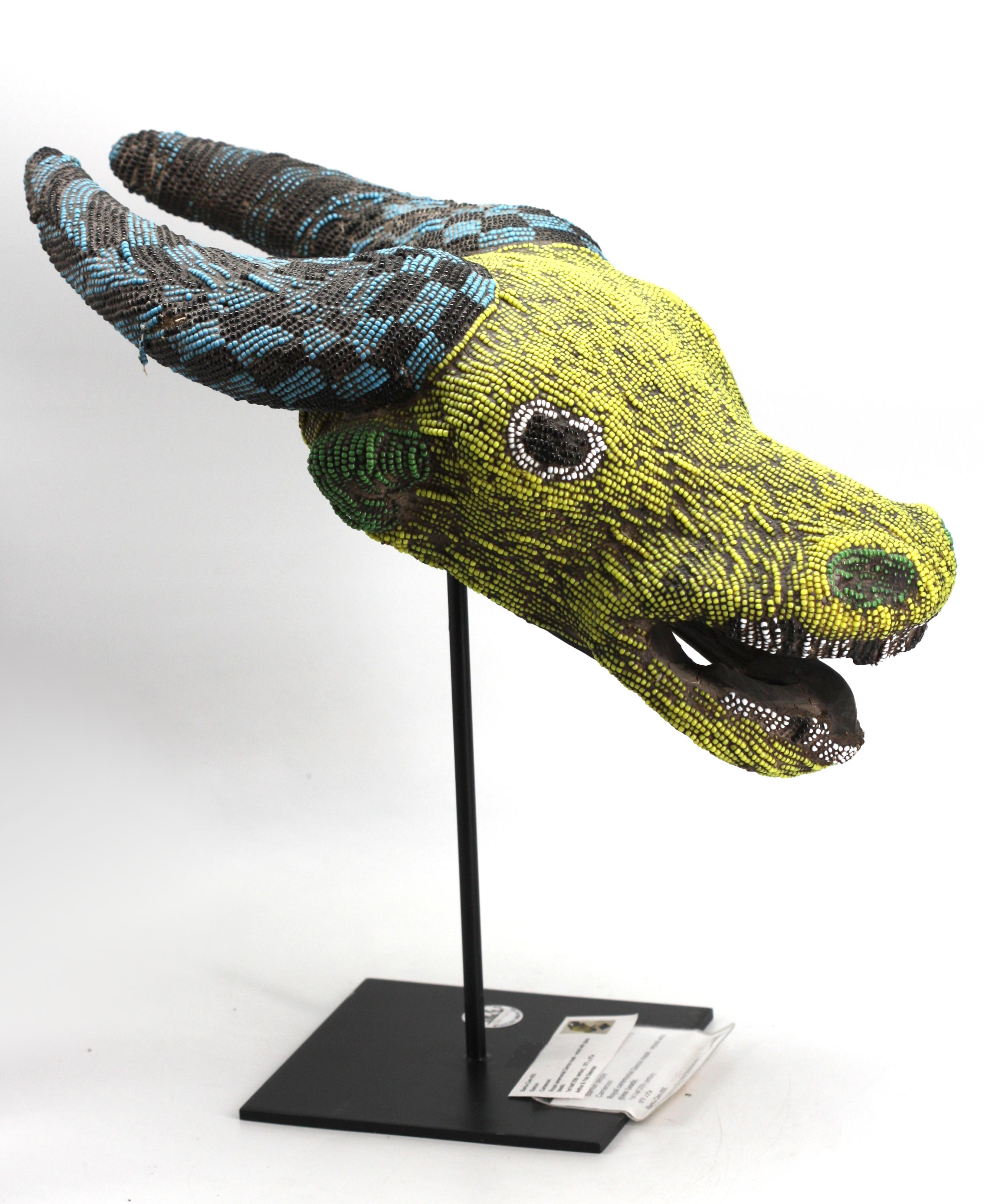 Bamun-Cameroon Royal Ox-Head Beaded Wood Dance Mask For Sale 2