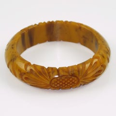 Banana Brown Marble Bakelite Floral Carved Bracelet Bangle