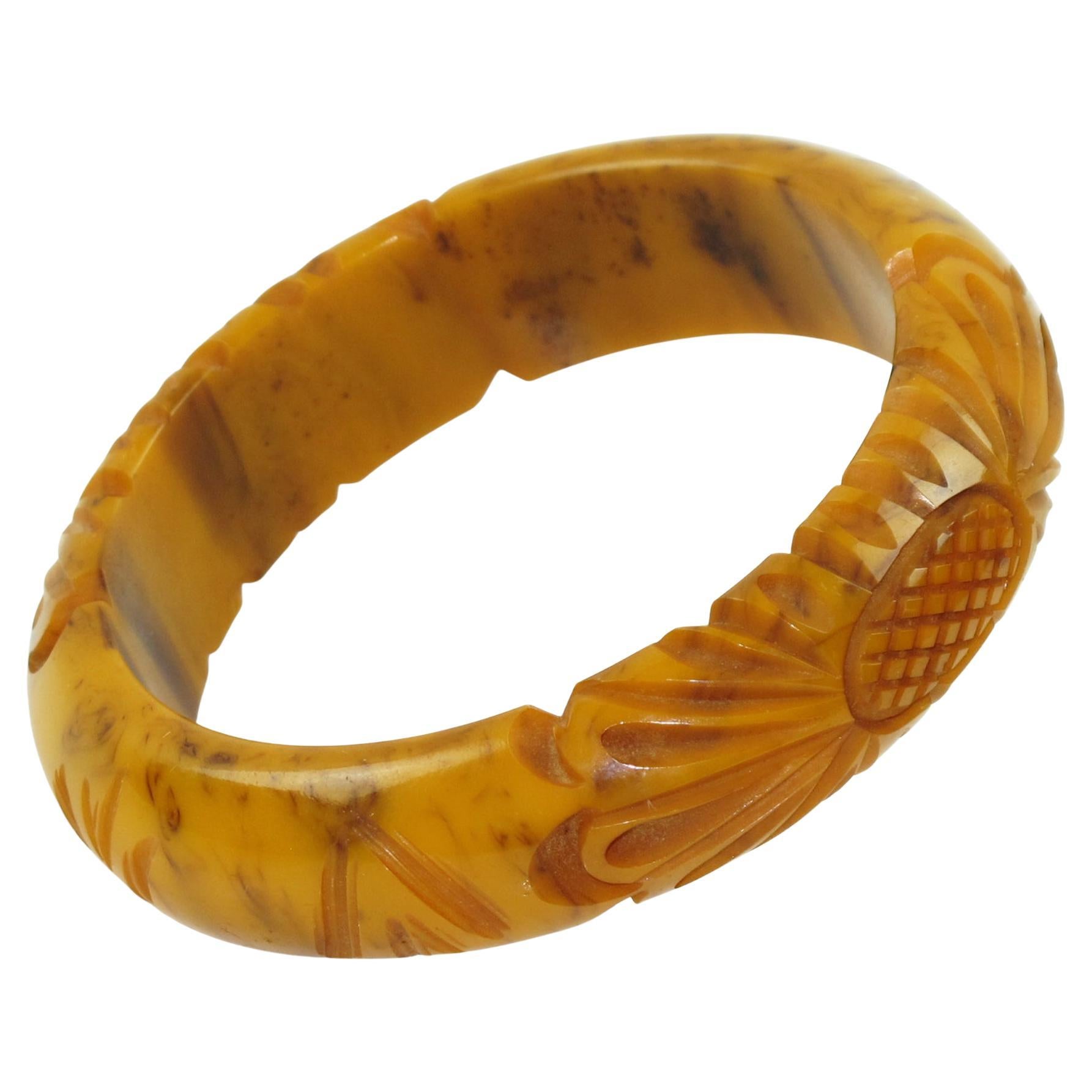 Banana Brown Marble Bakelite Floral Carved Bracelet Bangle For Sale