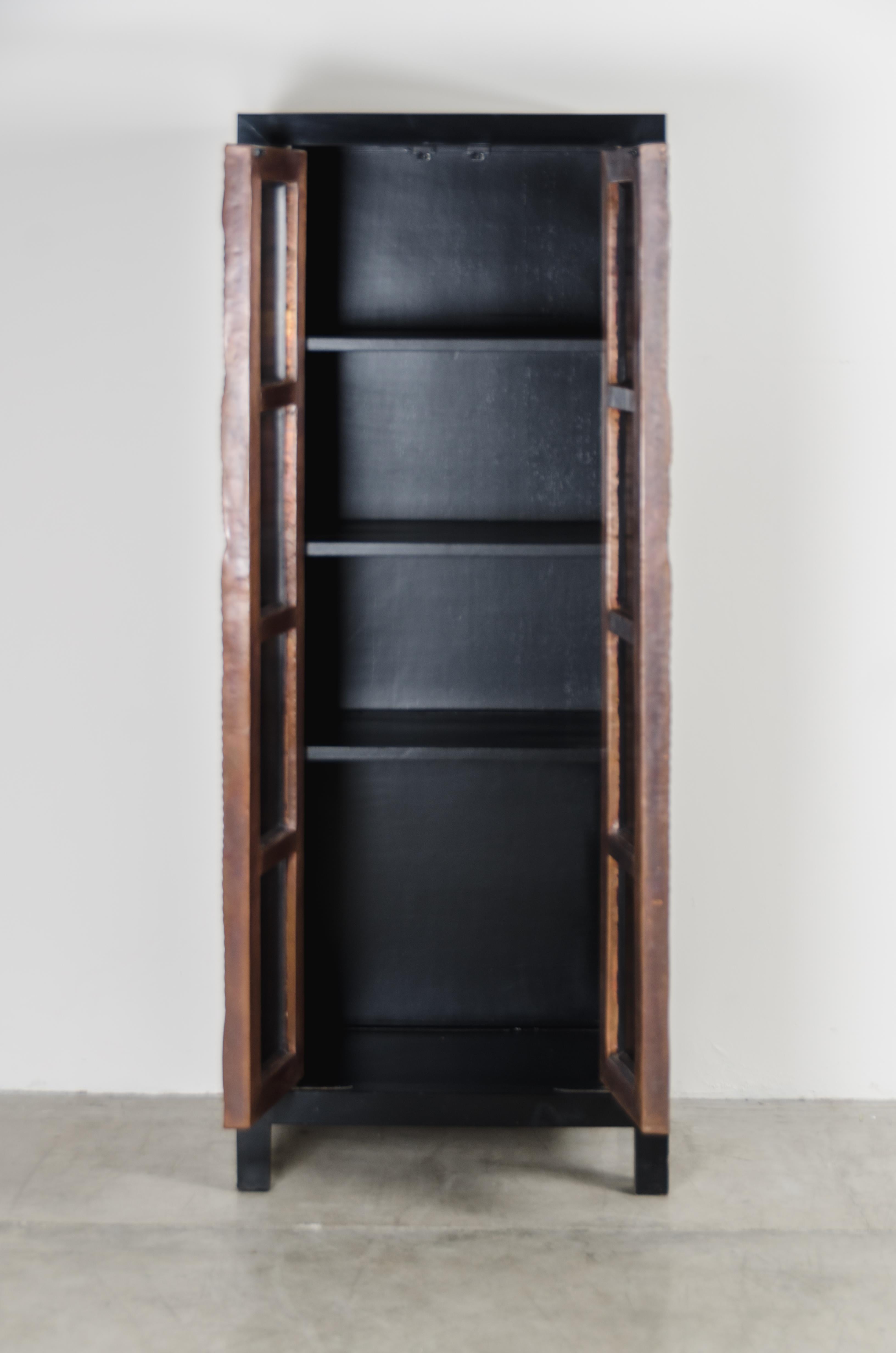 Repoussé Banana Leaf Design Narrow Cabinet by Robert Kuo, Hand Repousse, Limited Edition For Sale