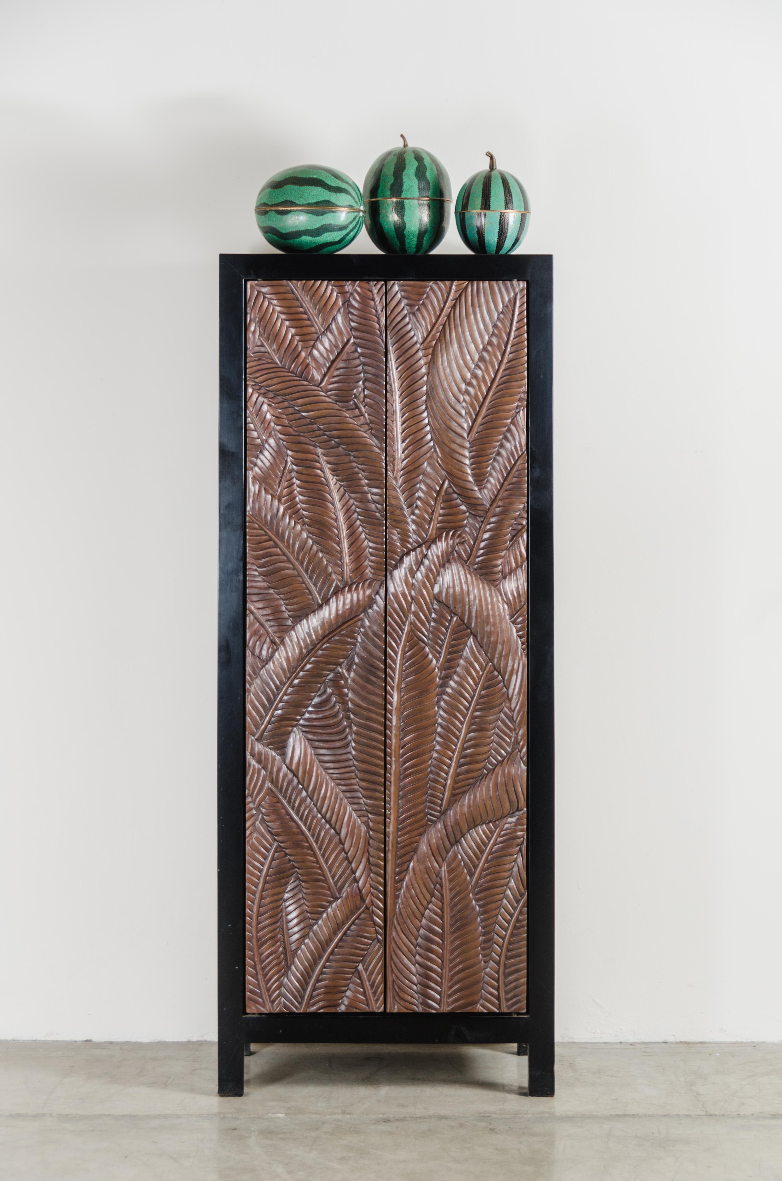 Banana Leaf Design Narrow Cabinet by Robert Kuo, Hand Repousse, Limited Edition In New Condition For Sale In Los Angeles, CA