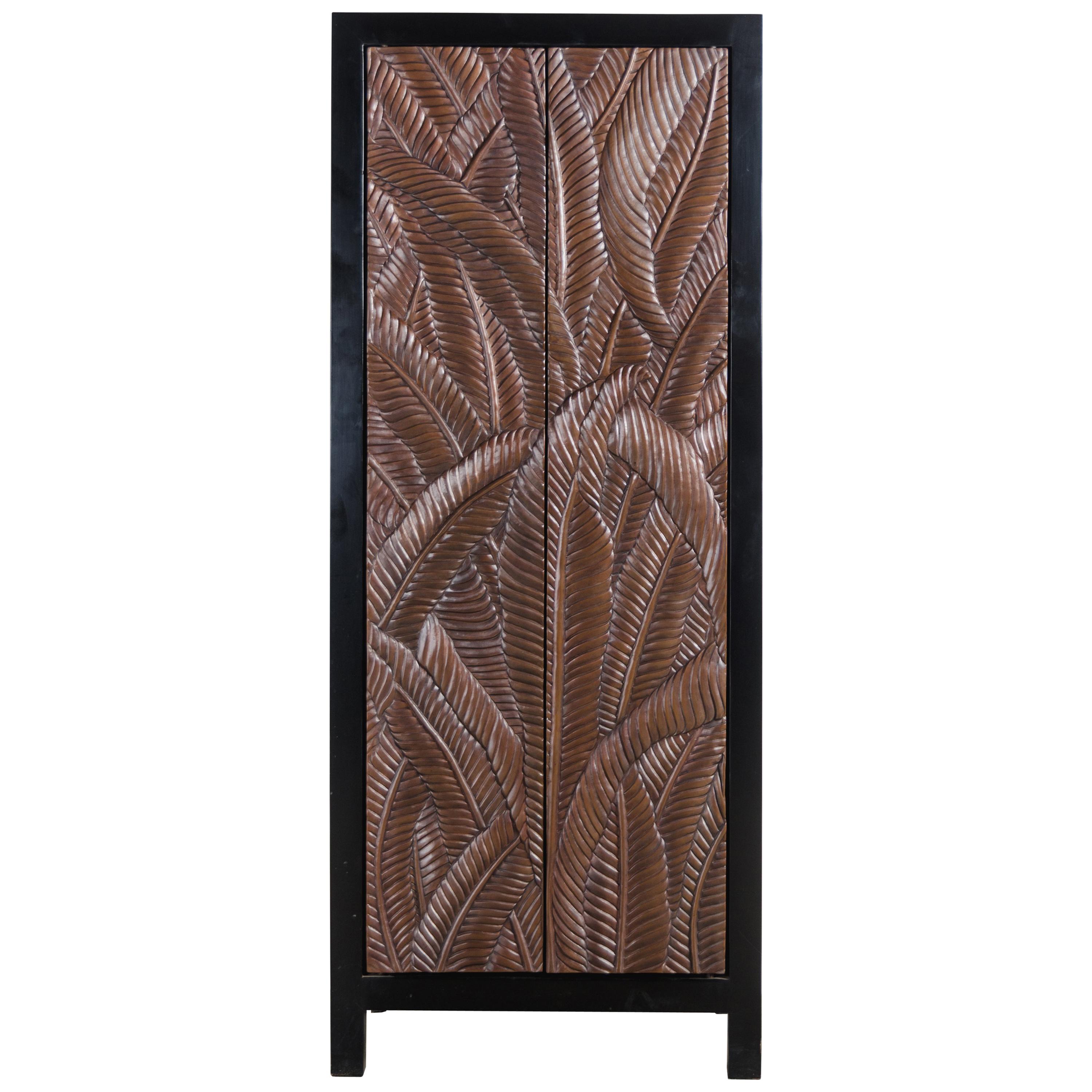 Banana Leaf Design Narrow Cabinet by Robert Kuo, Hand Repousse, Limited Edition For Sale