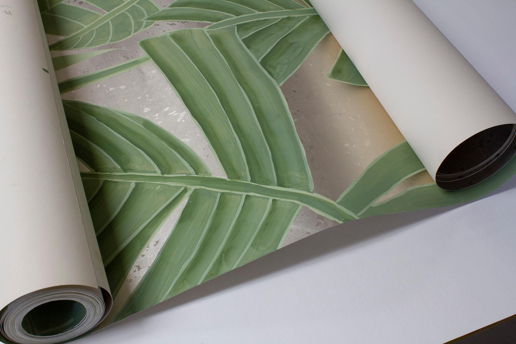 Hand-Painted Banana Palms Silver Metal Leaf Chinoiserie Wallpaper For Sale