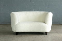 Banana Shaped Curved Loveseat or Sofa Covered in Lambswool Denamrk 1940's
