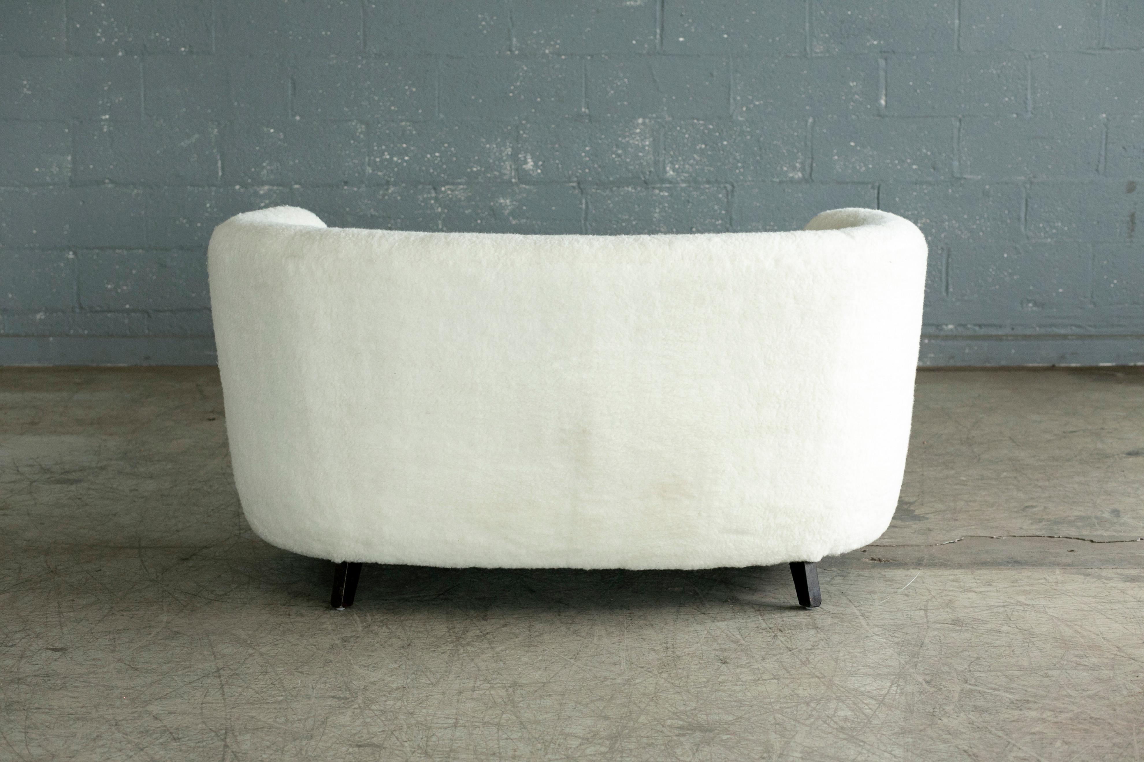 Mid-Century Modern Banana Shaped Curved Loveseat or Sofa Covered in Lambswool Denamrk 1940's For Sale