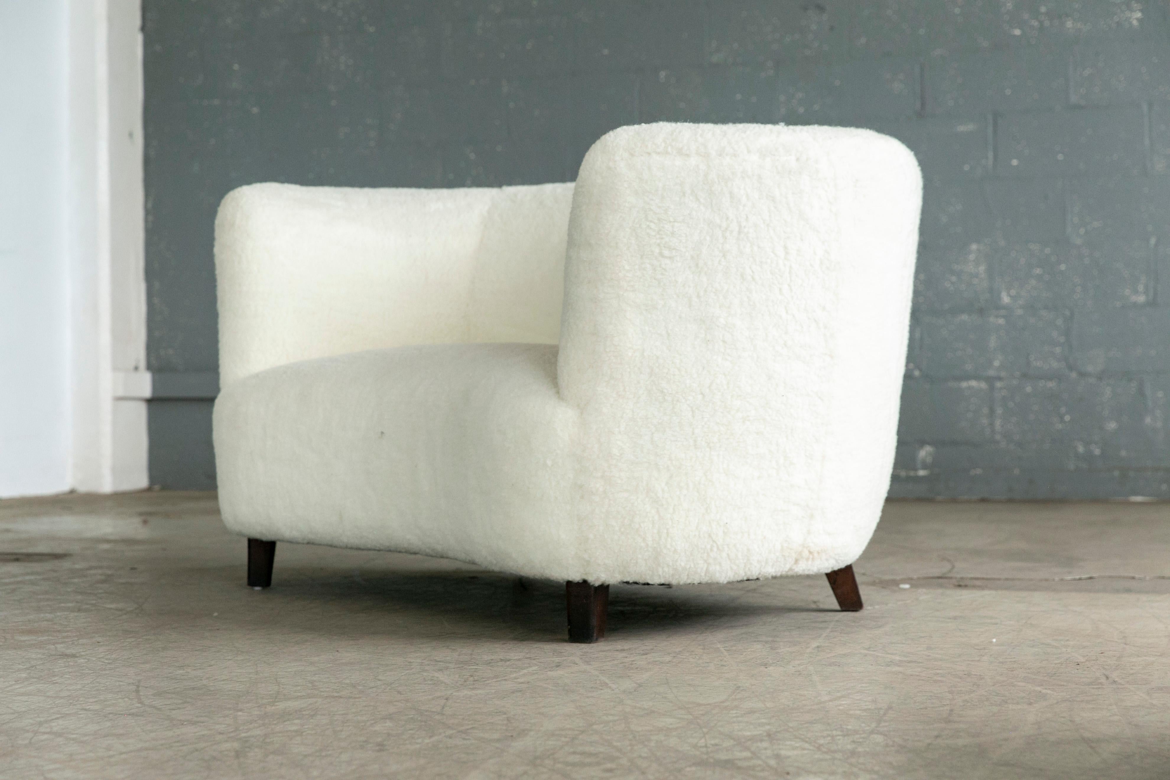 Wool Banana Shaped Curved Loveseat or Sofa Covered in Lambswool Denamrk 1940's For Sale