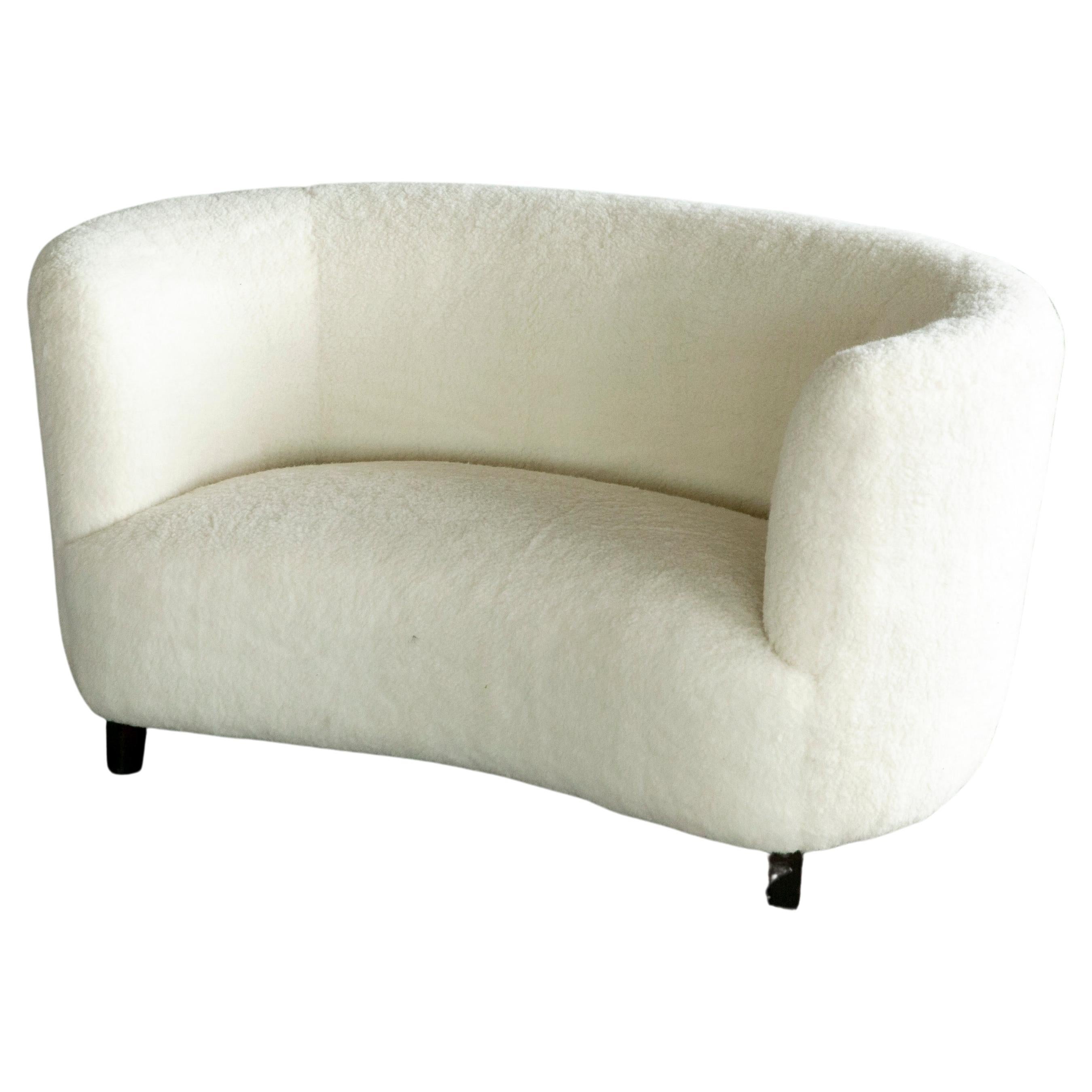 Banana Shaped Curved Loveseat or Sofa Covered in Lambswool Denamrk 1940's For Sale