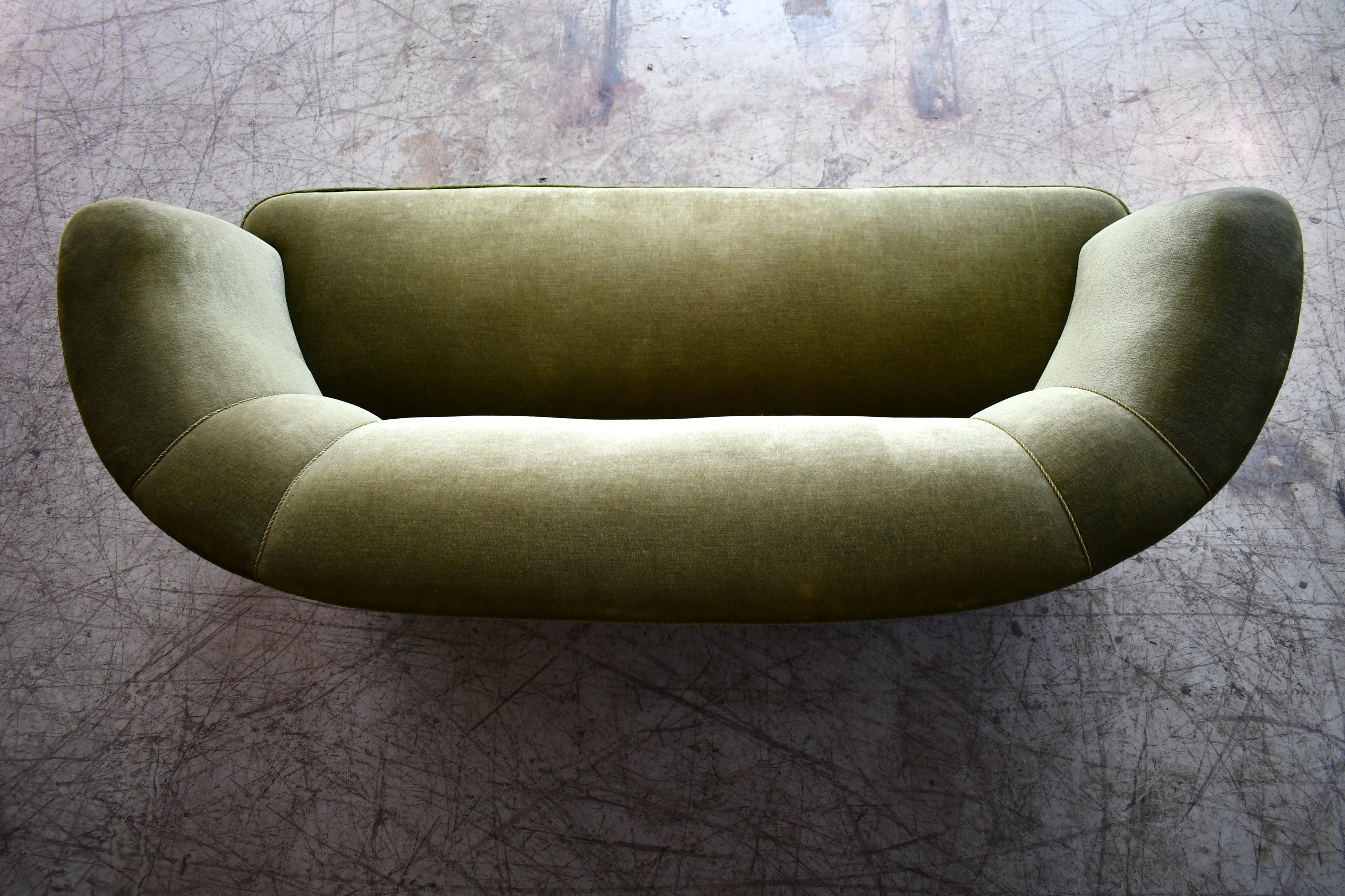 Banana Shaped Curved Sofa Covered in Original Green Velvet Danish Midcentury 2