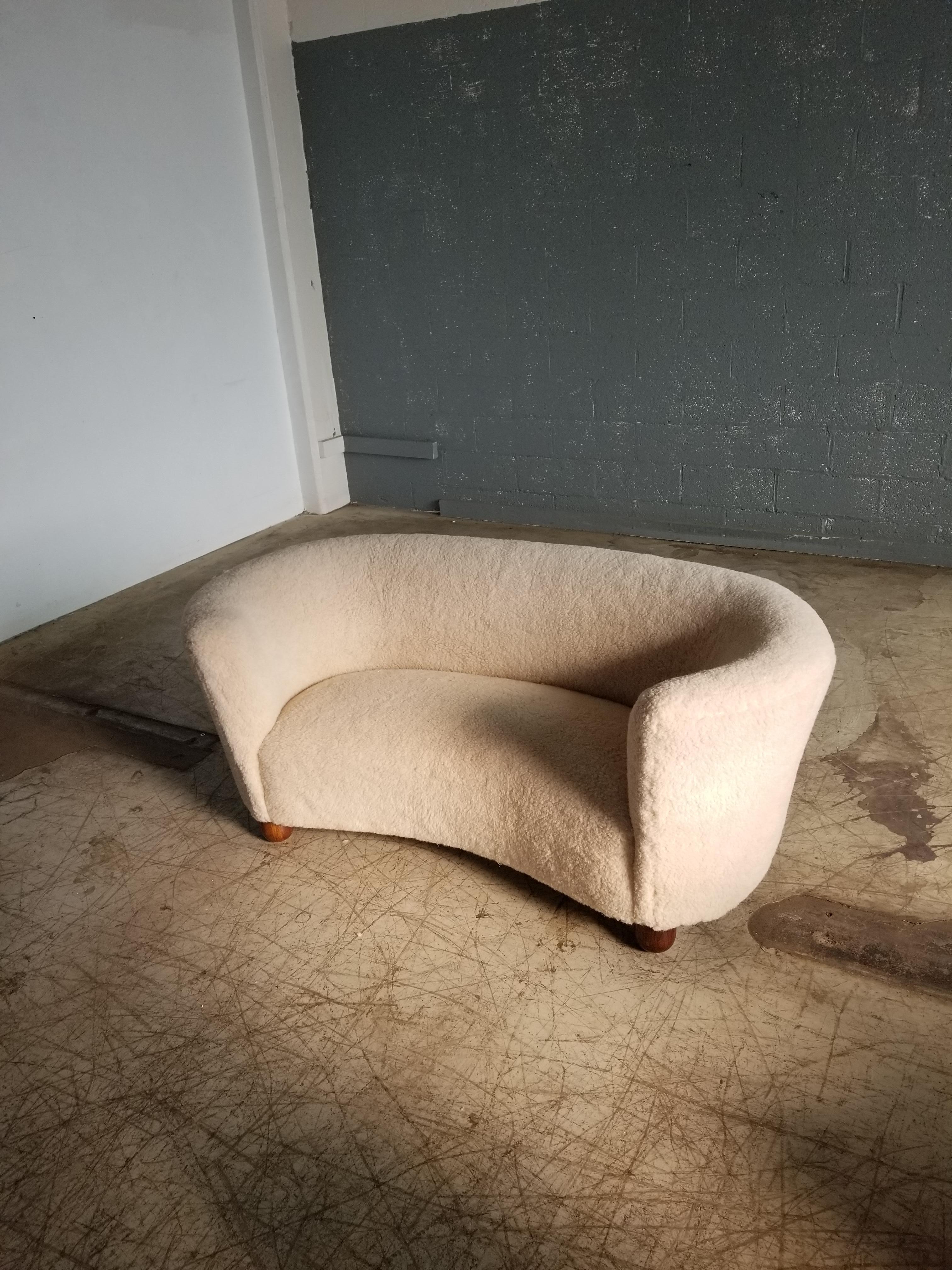 Banana Shaped Curved Sofa Covered in Original Green Velvet Danish Midcentury 3