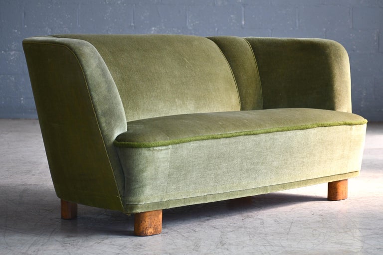 Banana Shaped Curved Sofa Covered in Original Green Velvet Danish
