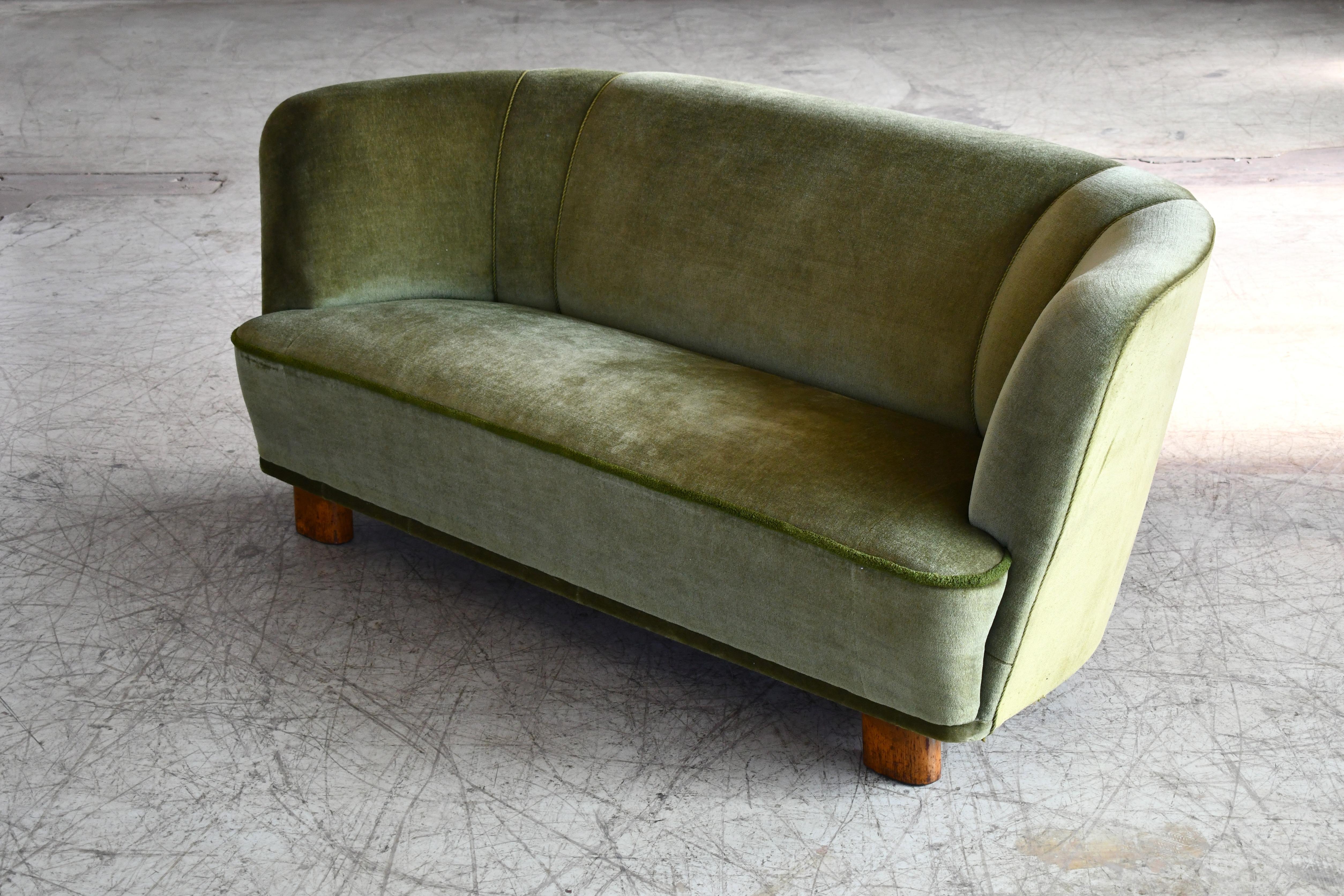 Mid-Century Modern Banana Shaped Curved Sofa Covered in Original Green Velvet Danish Midcentury