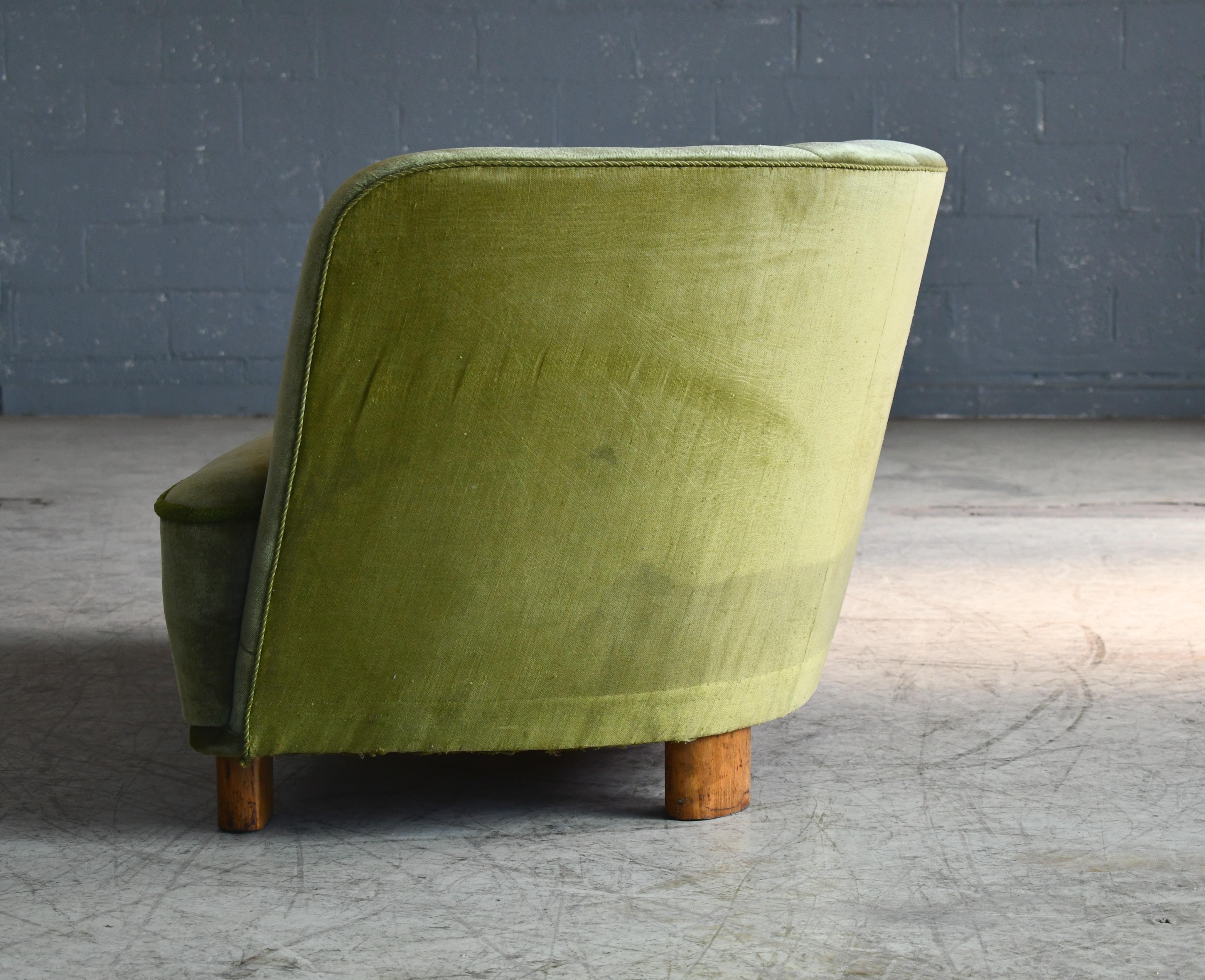 Banana Shaped Curved Sofa Covered in Original Green Velvet Danish Midcentury In Good Condition In Bridgeport, CT