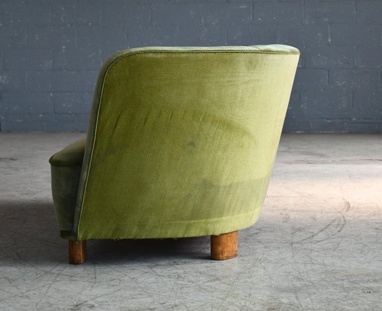 Banana Shaped Curved Sofa Covered in Original Green Velvet Danish