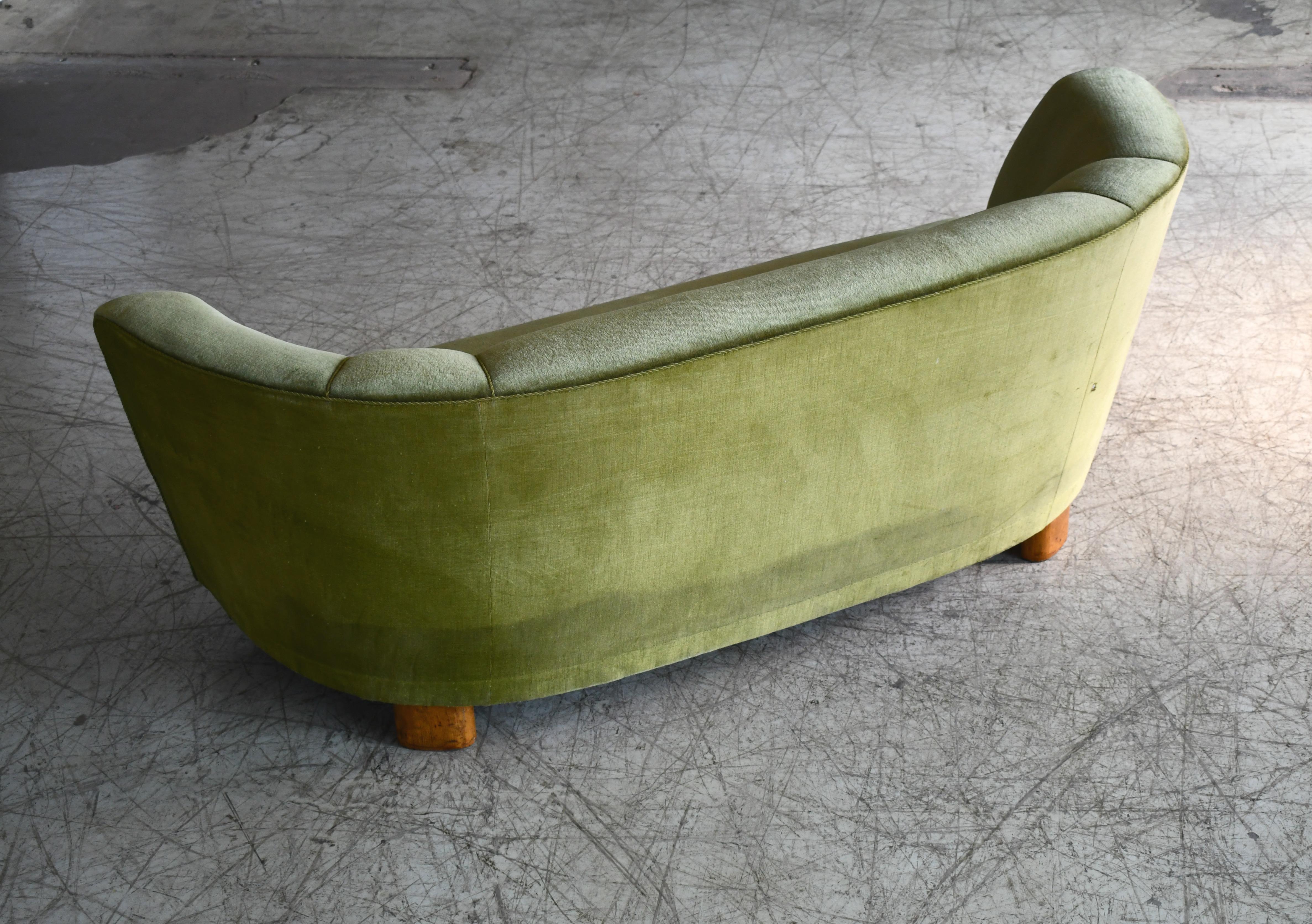 Mid-20th Century Banana Shaped Curved Sofa Covered in Original Green Velvet Danish Midcentury