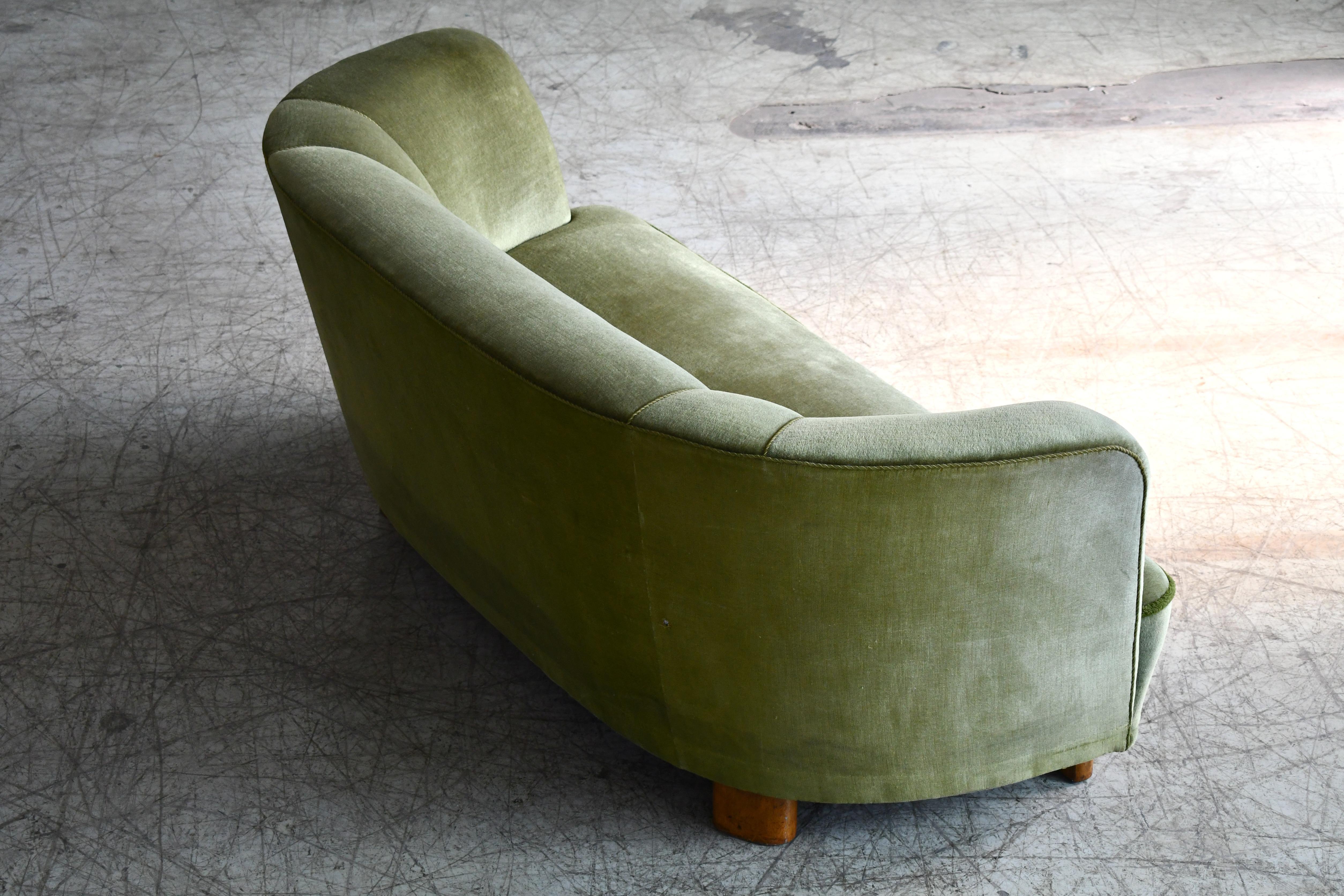 Mohair Banana Shaped Curved Sofa Covered in Original Green Velvet Danish Midcentury