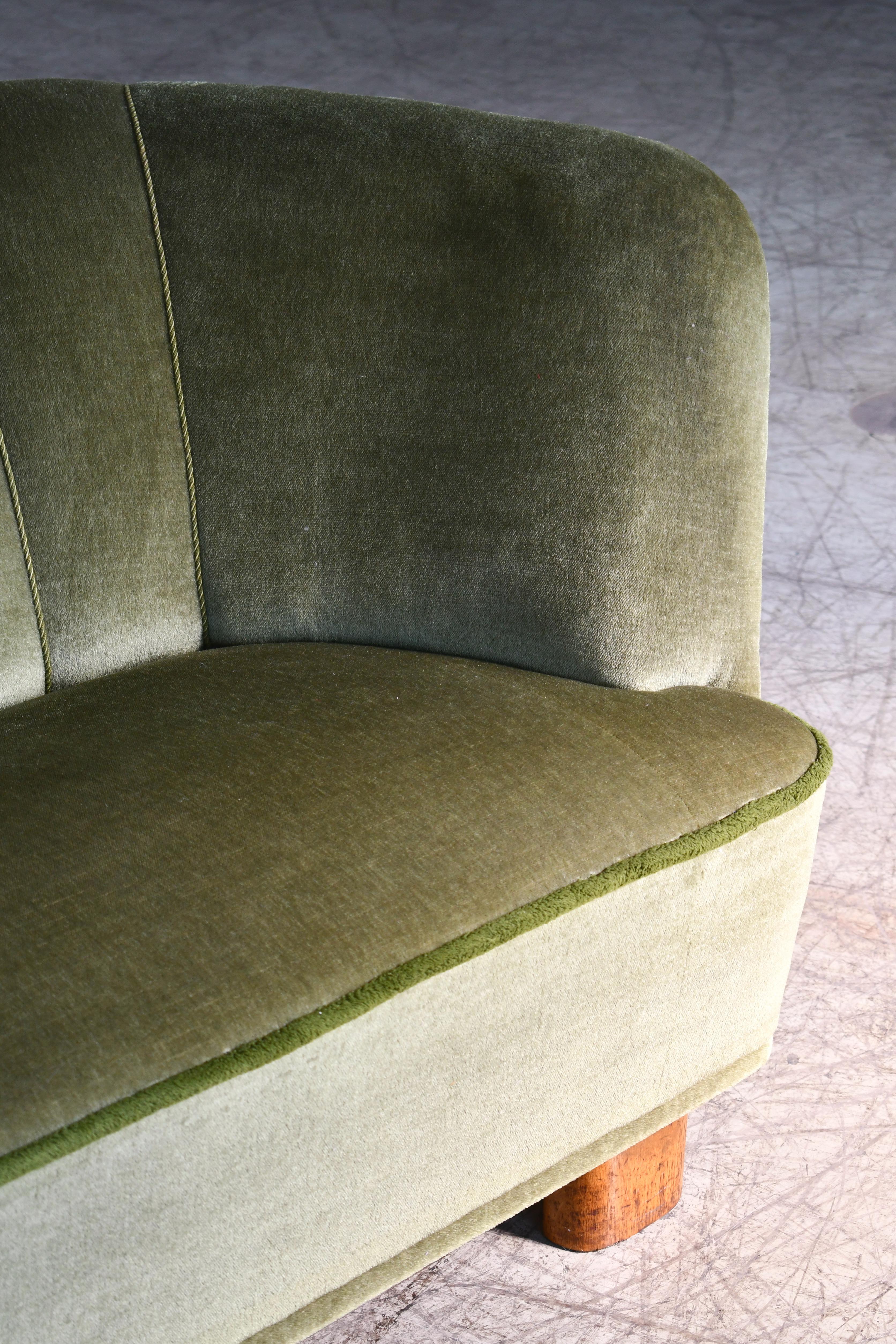 Banana Shaped Curved Sofa Covered in Original Green Velvet Danish Midcentury 1
