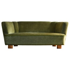 Banana Shaped Curved Sofa Covered in Original Green Velvet Danish Midcentury