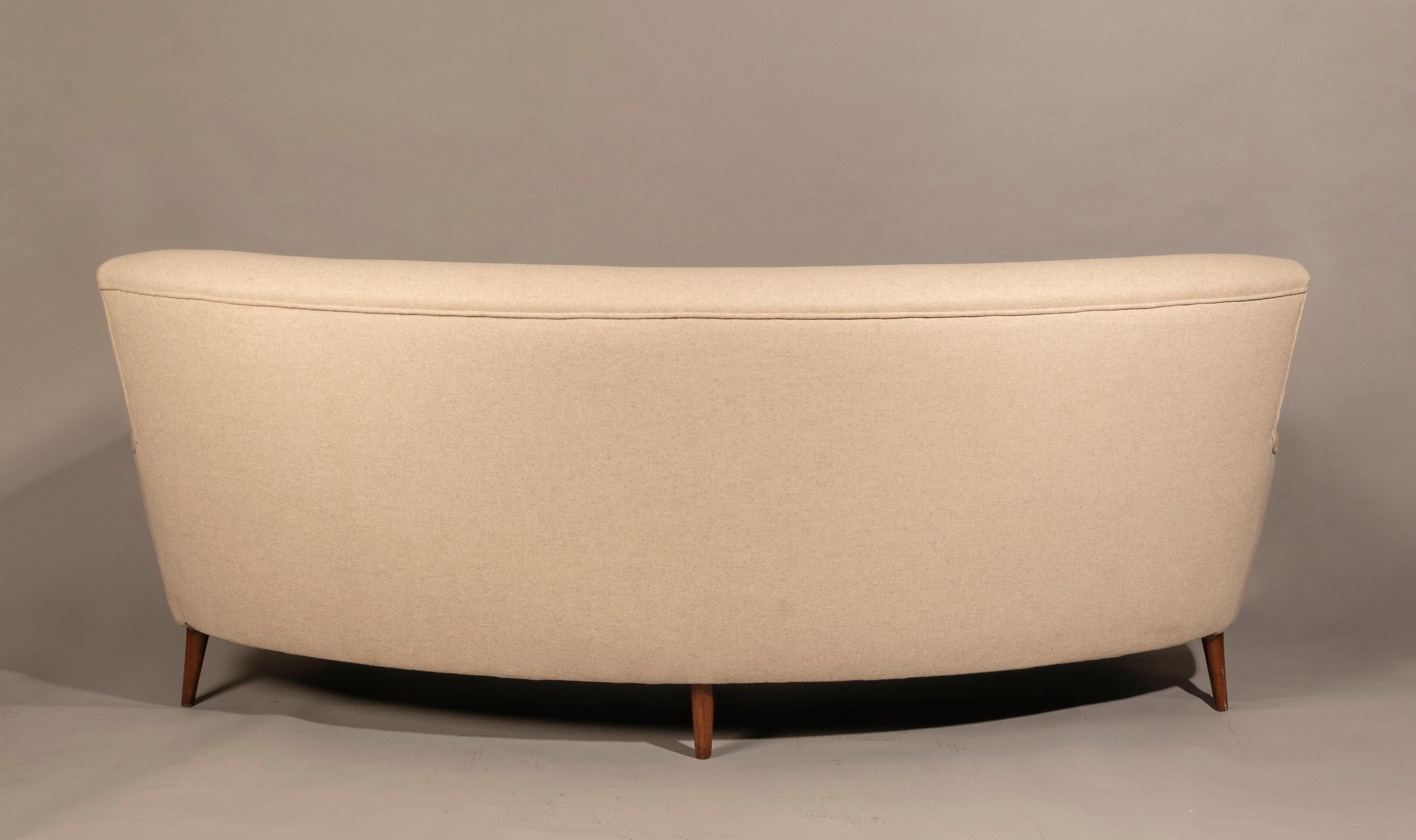 Curved sofa, Denmark 1950s, oak legs, entirely restored and reupholstered in wool fabric by Casamance
