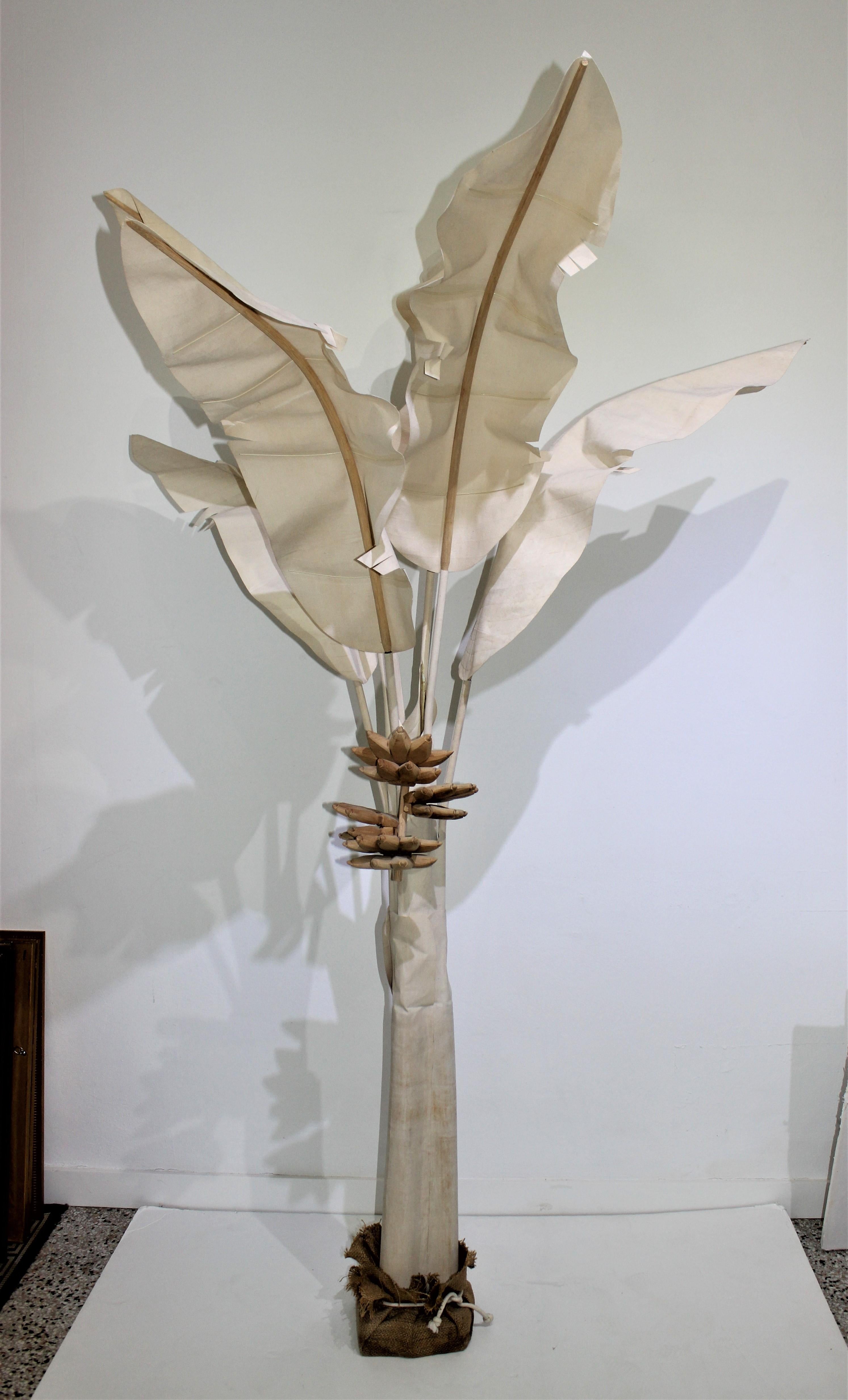 This stylish and large scale banana tree dates to the 1970s. The piece is fabricated in canvas, burlap and hand carved wood.

Size when assembled: 48 x 48 x 91