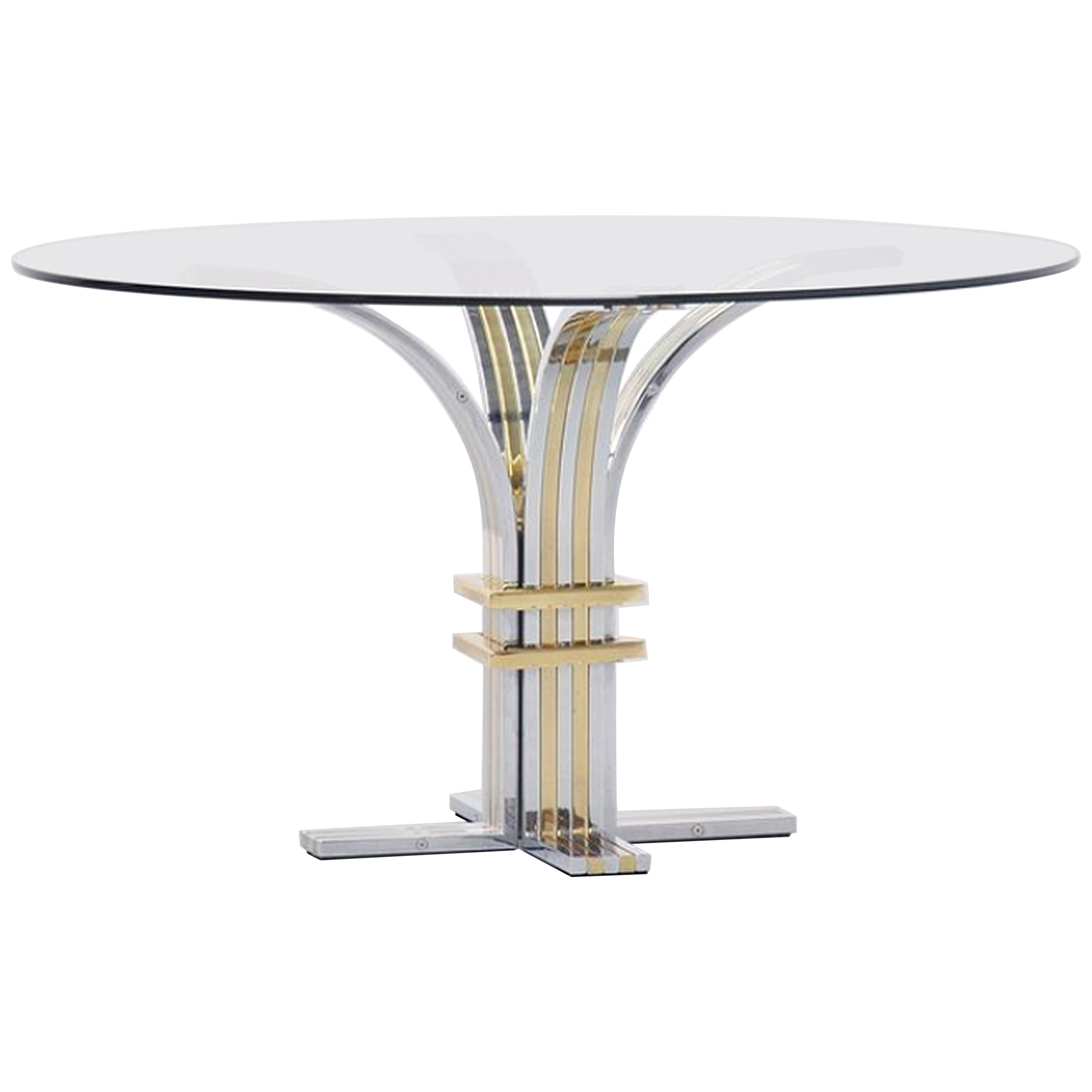 Banci and Firenze Chrome and Brass Circular Glass Dining Table Hollywood Regency For Sale