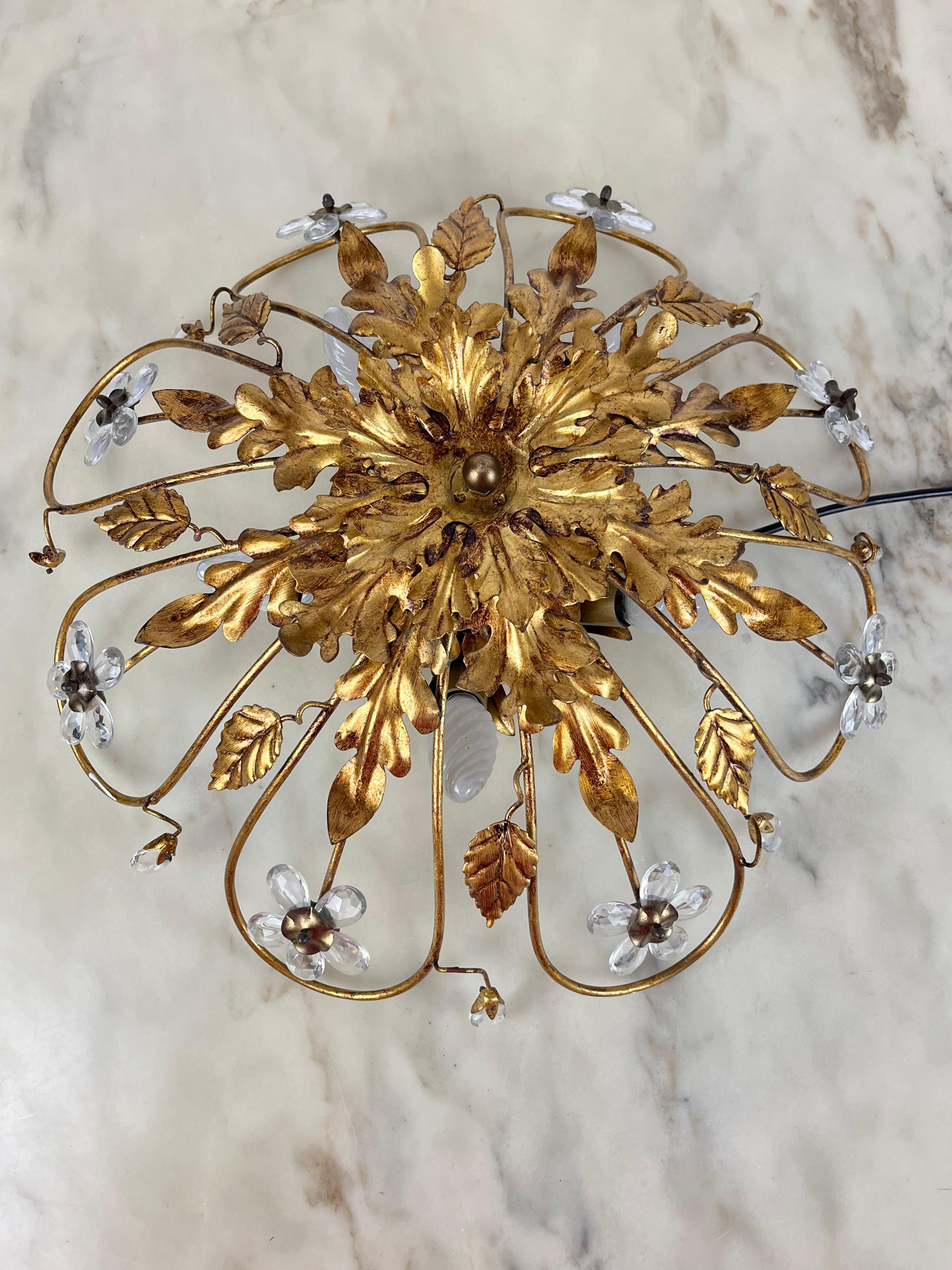 Banci Ceiling Light in Gilded Iron and Crystal Flowers Italian Design 1980s For Sale 5