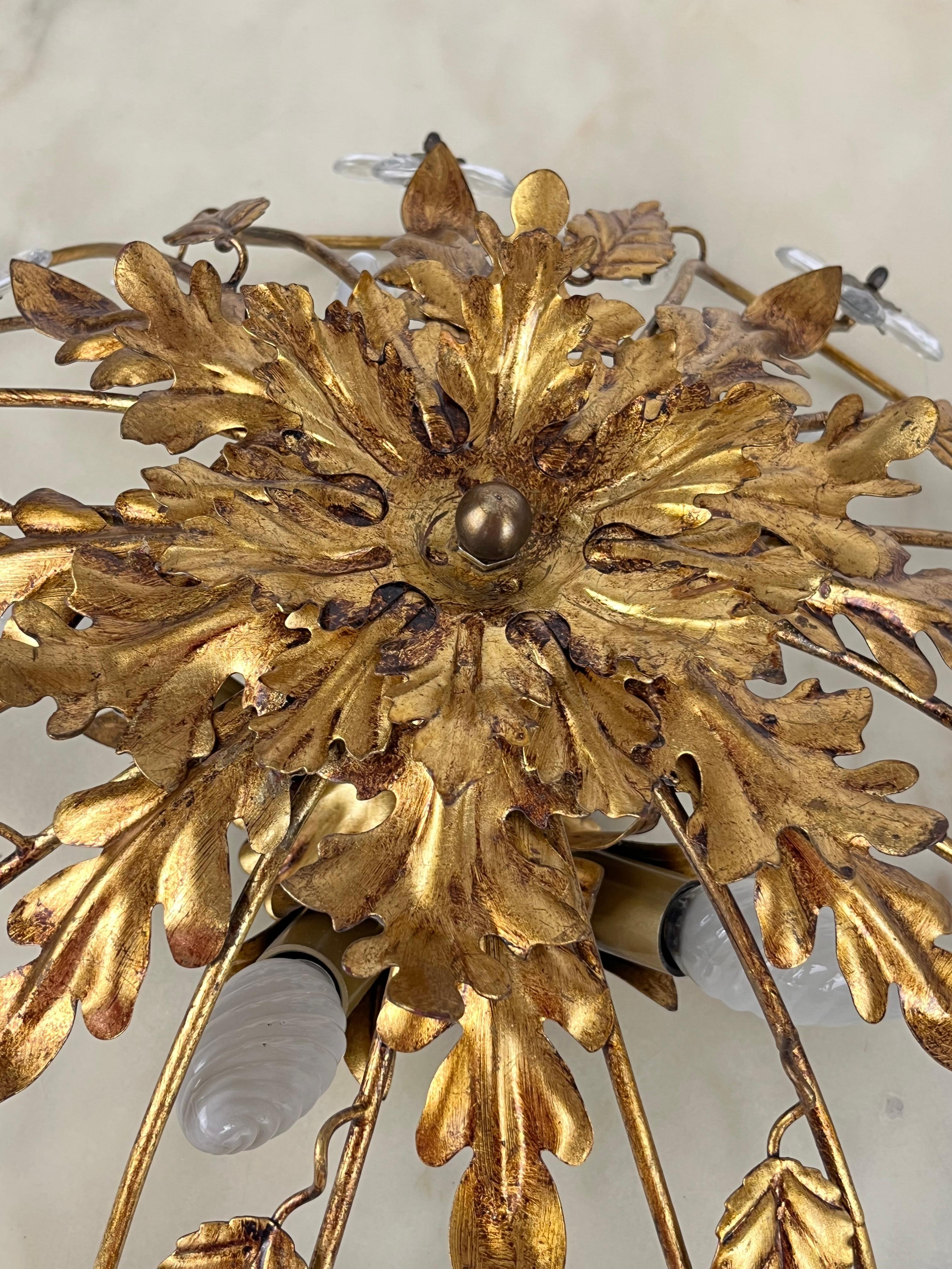 Other Banci Ceiling Light in Gilded Iron and Crystal Flowers Italian Design 1980s For Sale