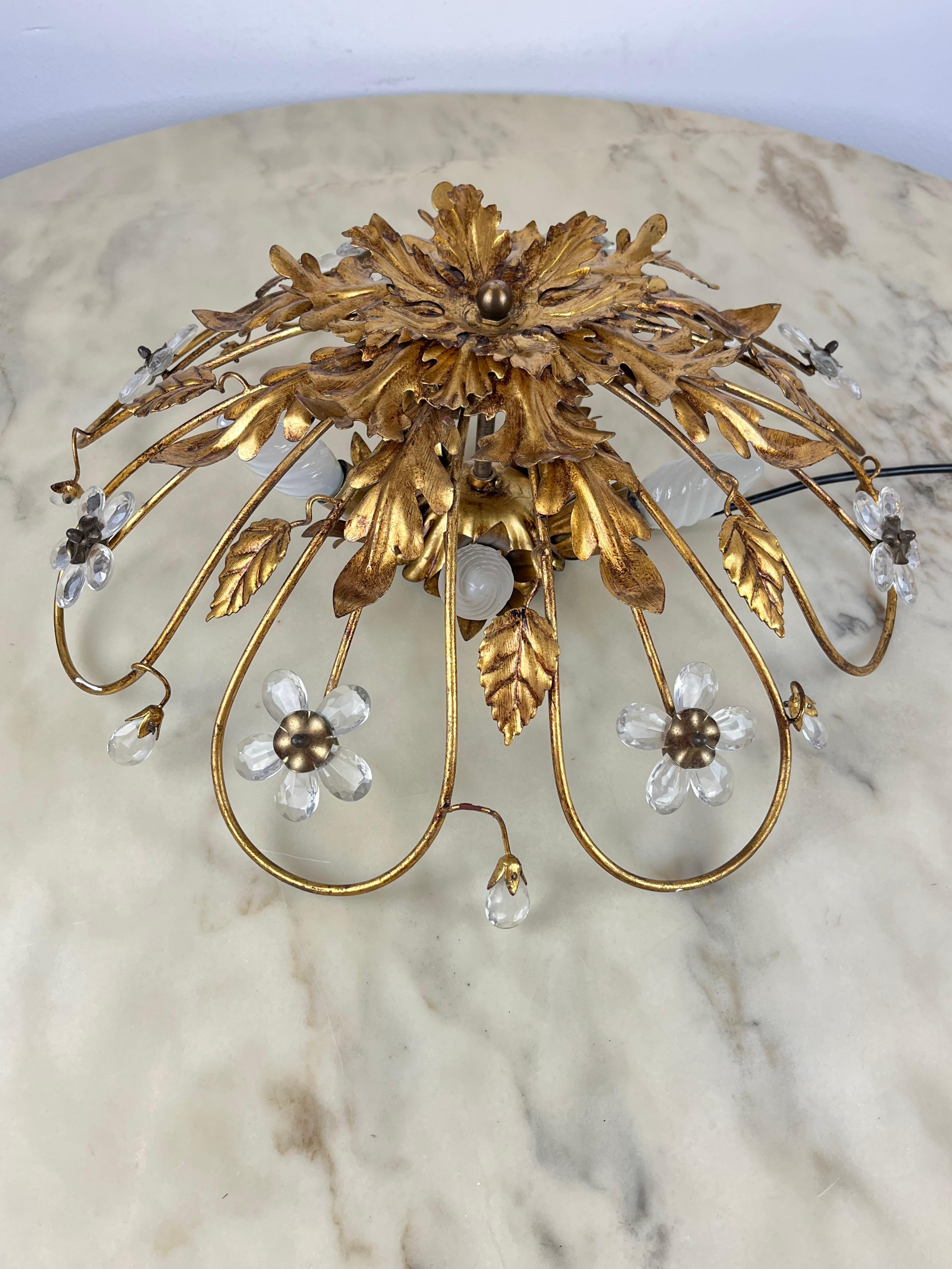 Banci Ceiling Light in Gilded Iron and Crystal Flowers Italian Design 1980s For Sale 3