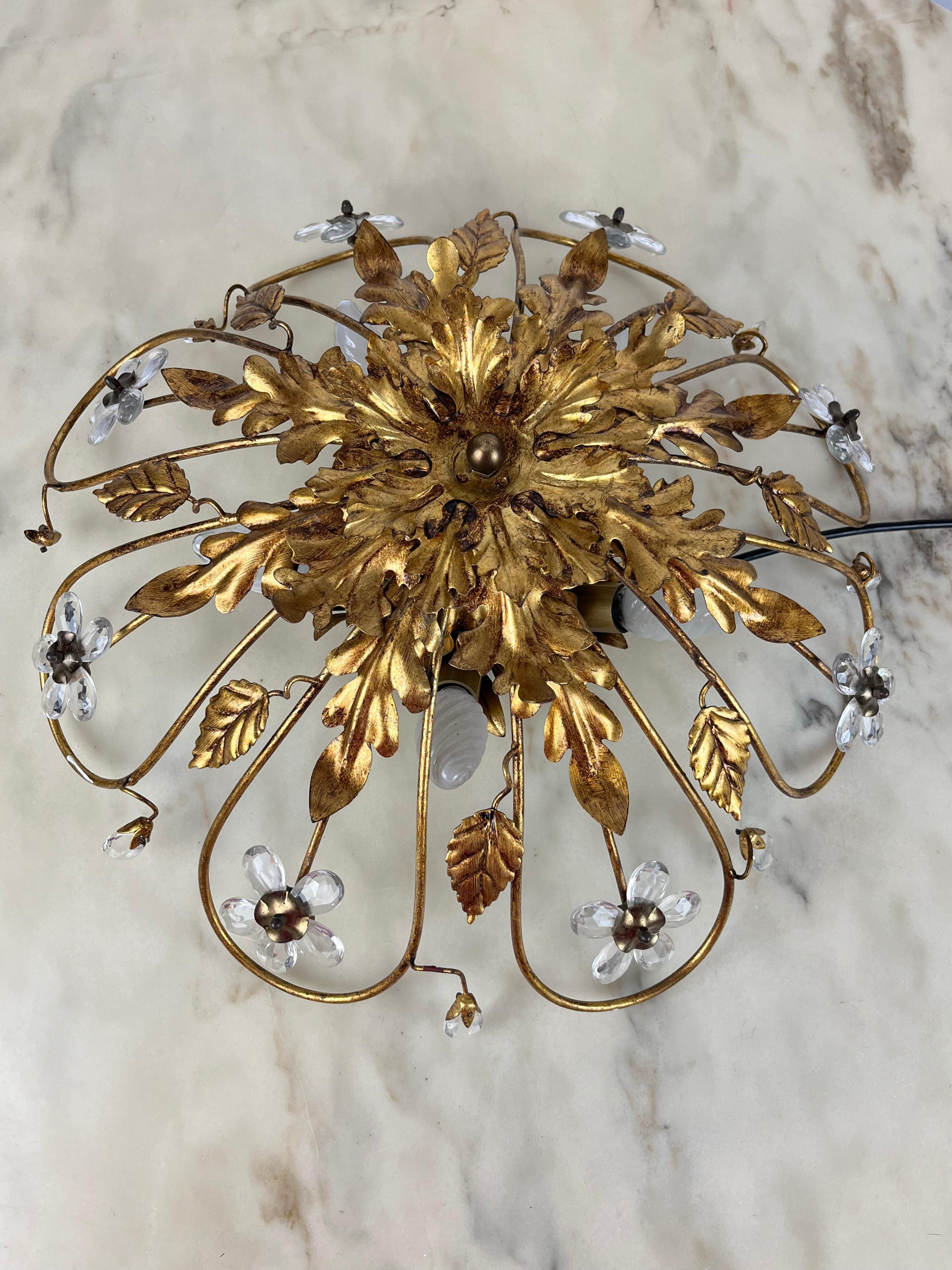 Banci Ceiling Light in Gilded Iron and Crystal Flowers Italian Design 1980s For Sale 4